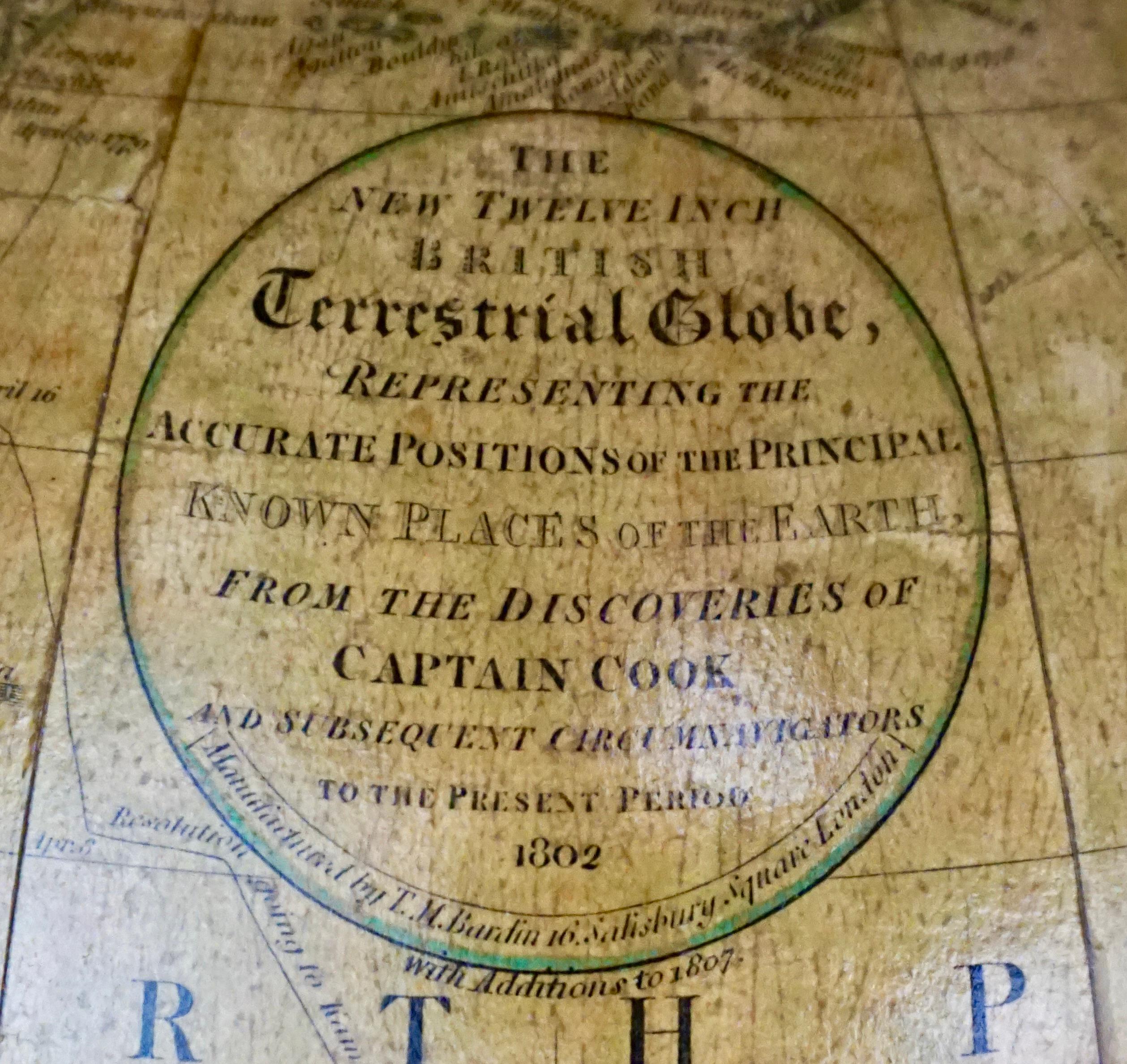 Antique T. M. Bardin Terrestrial Globe on Mahogany Tripod Base Dated 1802 3