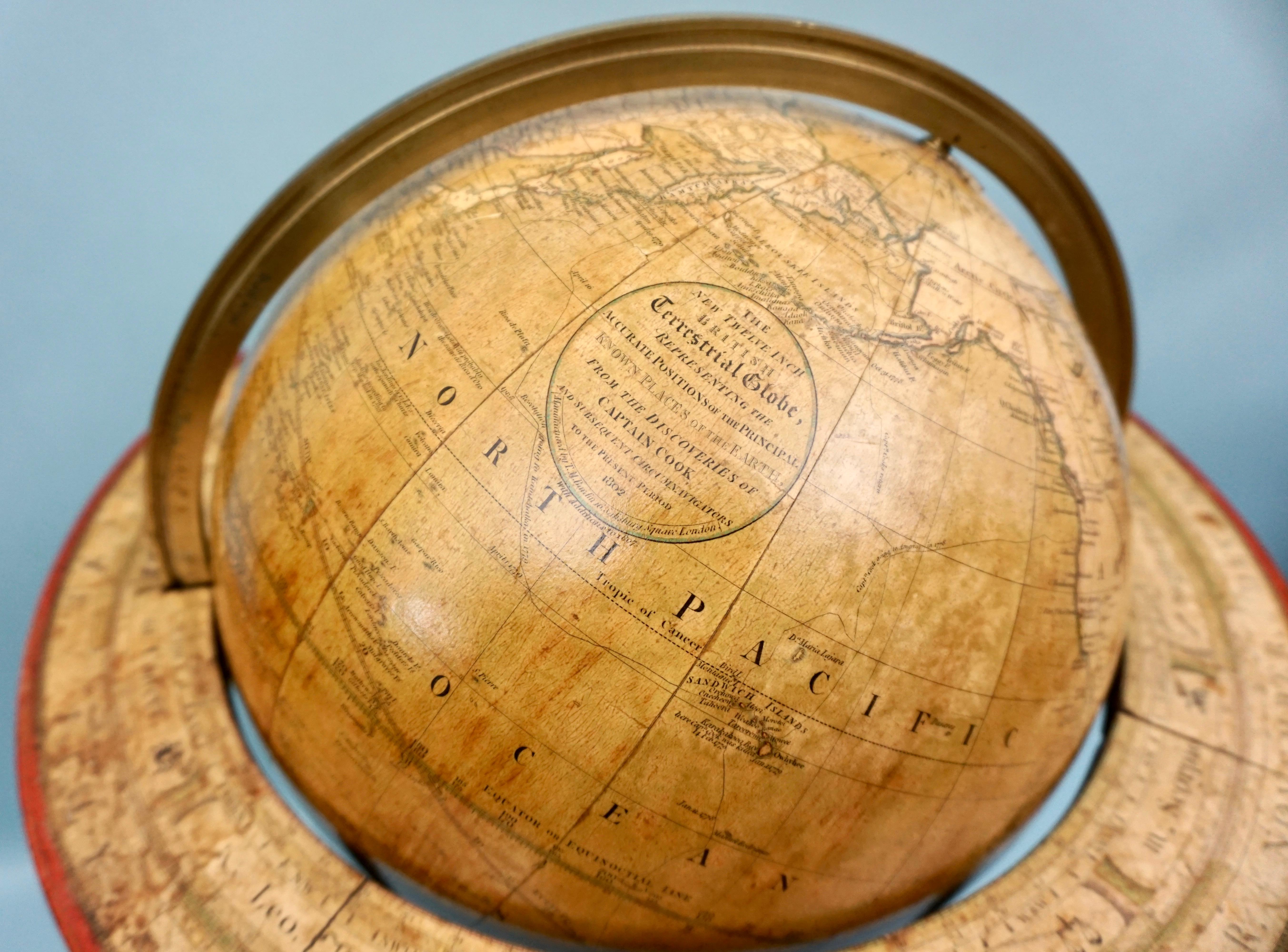 19th Century Antique T. M. Bardin Terrestrial Globe on Mahogany Tripod Base Dated 1802