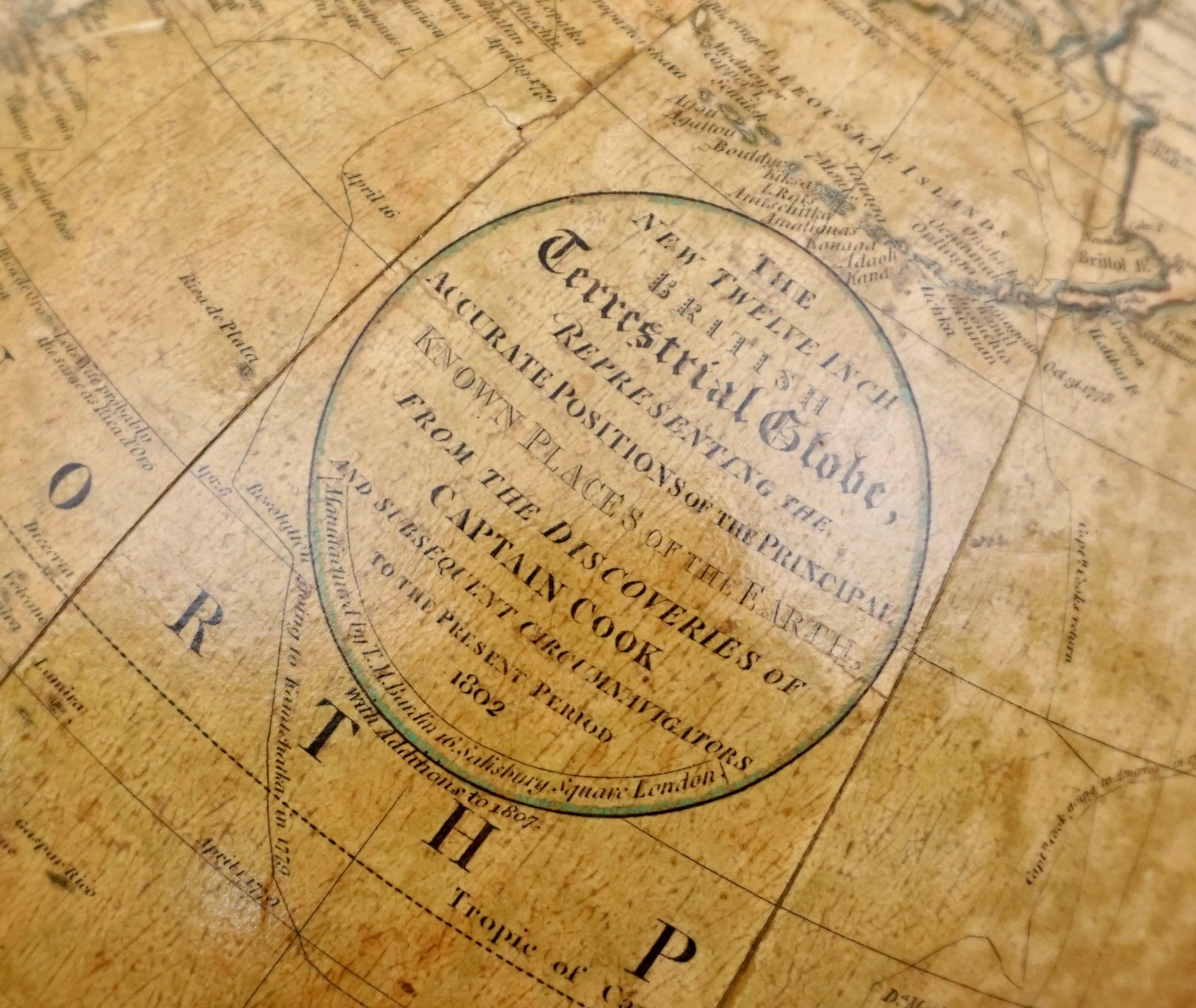 Antique T. M. Bardin Terrestrial Globe on Mahogany Tripod Base Dated 1802 1