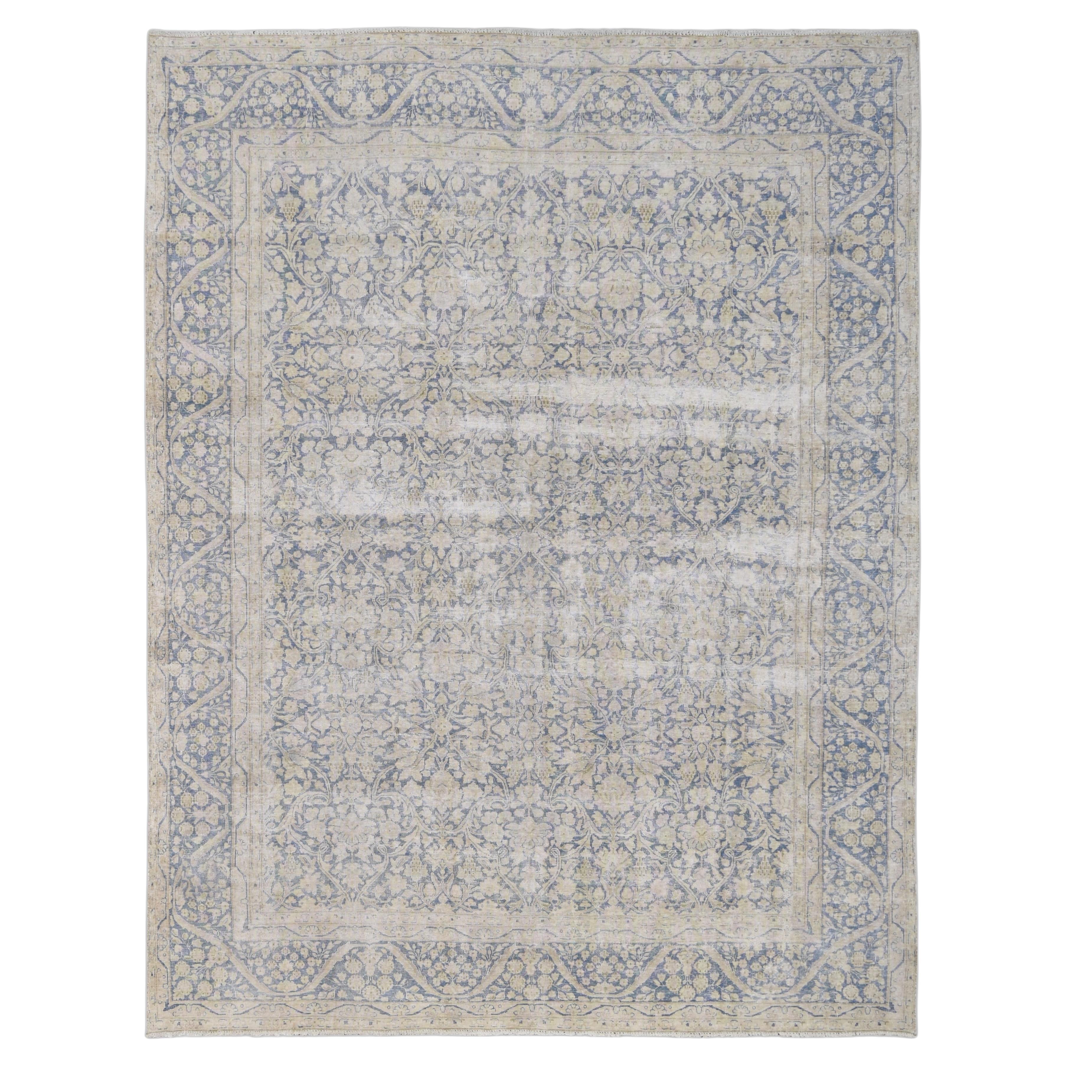 Antiker Tabirz weicher blauer und elfenbeinfarbener Wollteppich 9'4''x12'7'' um 1920 im Angebot