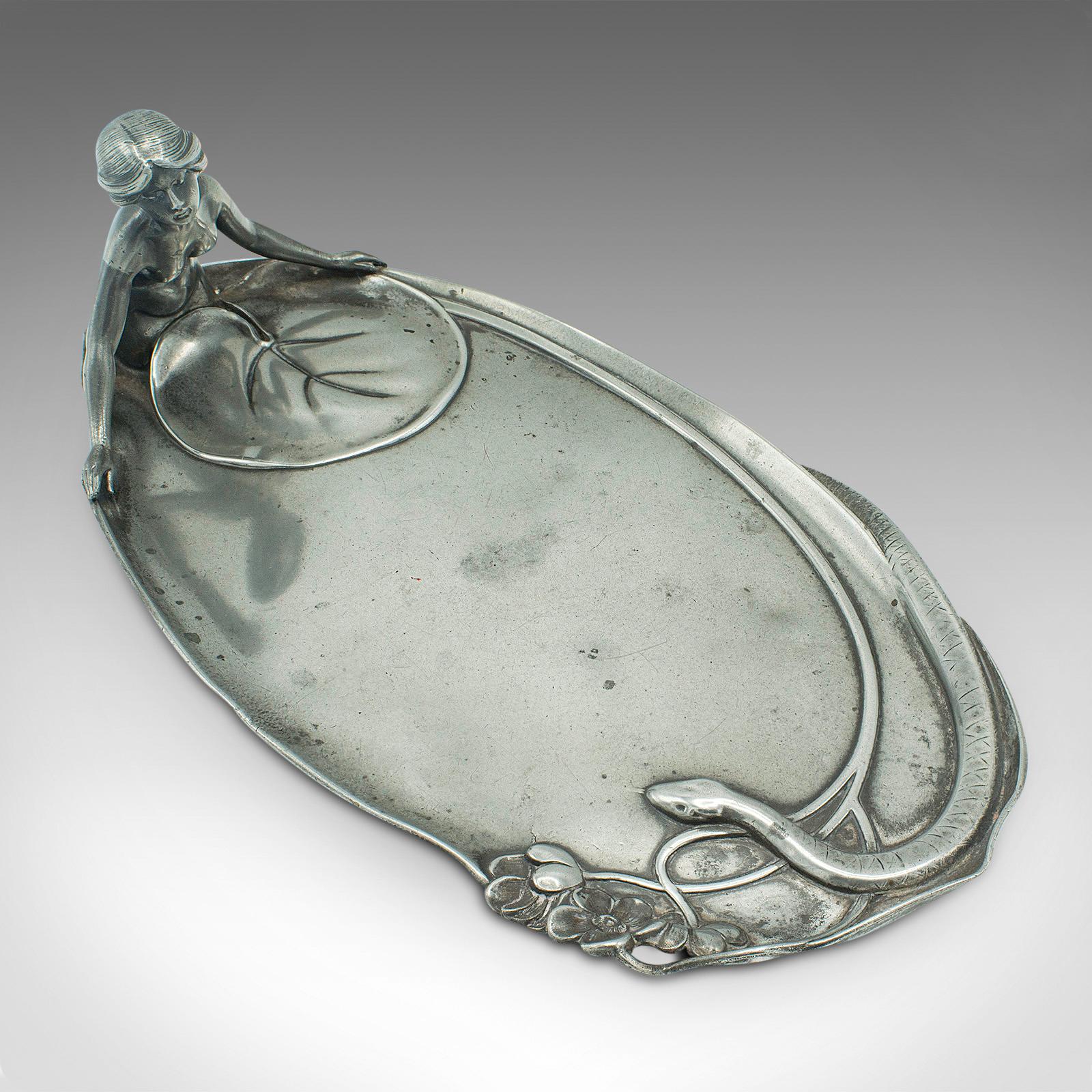 Antique Table Centrepiece, German, Pewter, Lady of the Lake, Decorative Tray 6