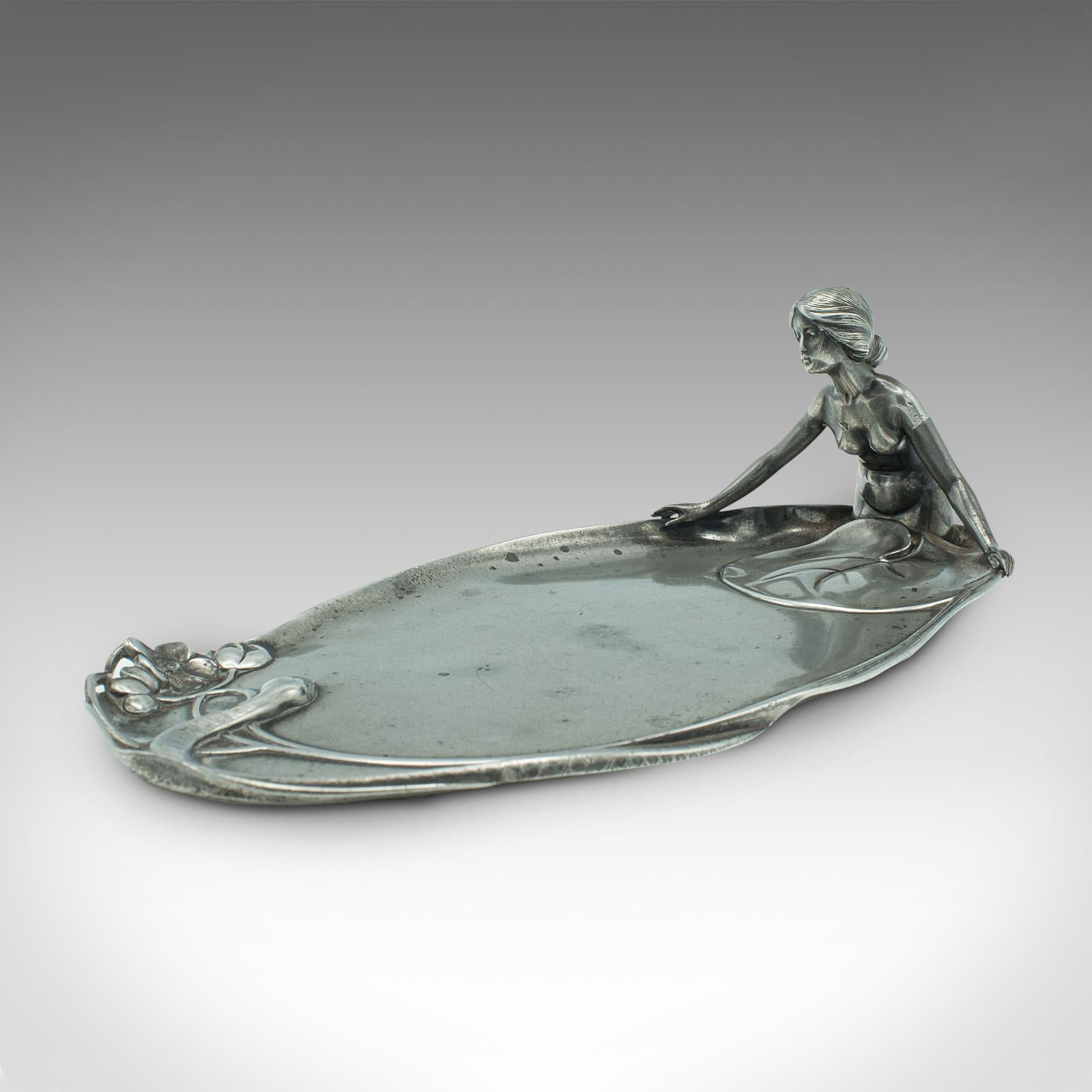 Art Nouveau Antique Table Centrepiece, German, Pewter, Lady of the Lake, Decorative Tray