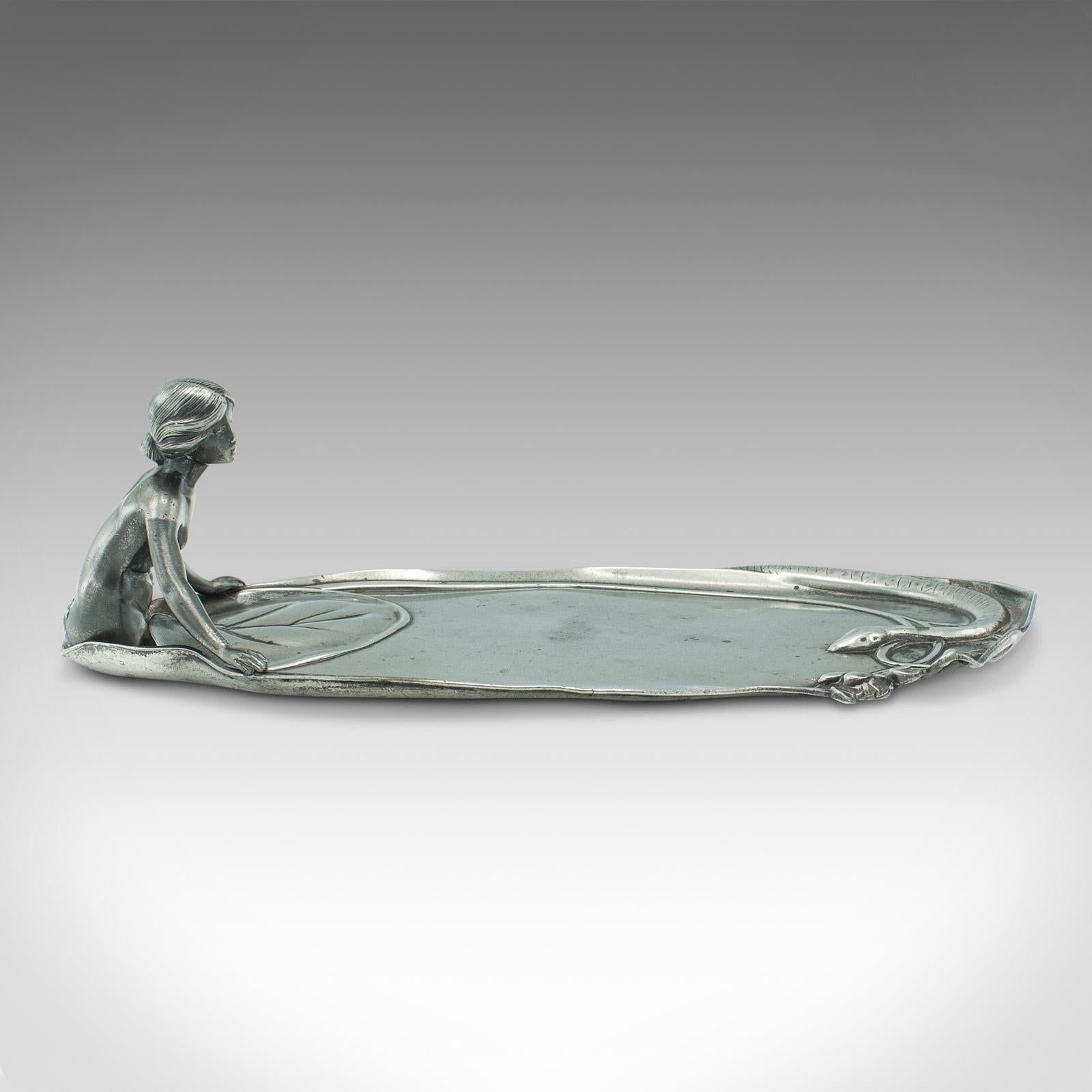 Antique Table Centrepiece, German, Pewter, Lady of the Lake, Decorative Tray In Good Condition In Hele, Devon, GB