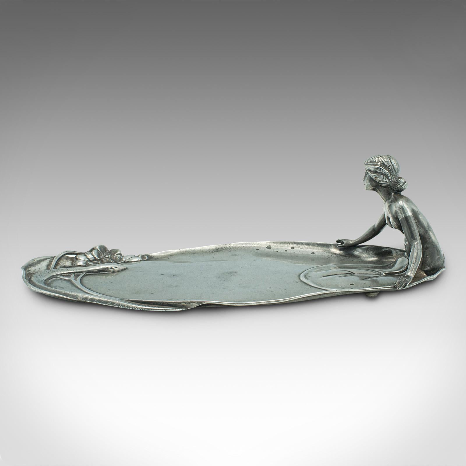 20th Century Antique Table Centrepiece, German, Pewter, Lady of the Lake, Decorative Tray