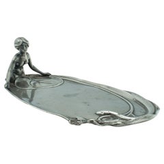 Antique Table Centrepiece, German, Pewter, Lady of the Lake, Decorative Tray