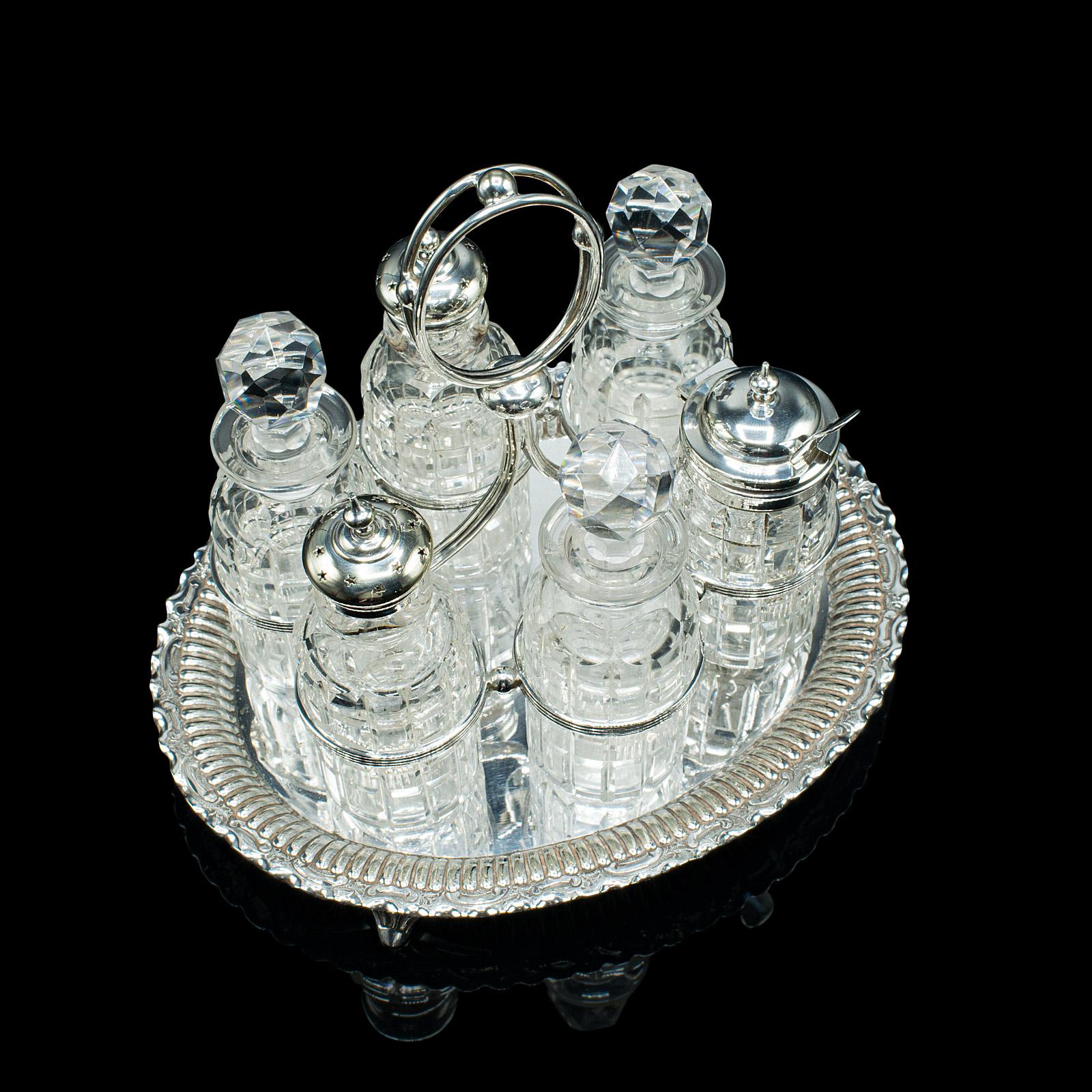 British Antique Table Condiment Set, English, Silver Plate, Glass, Cruet, Victorian