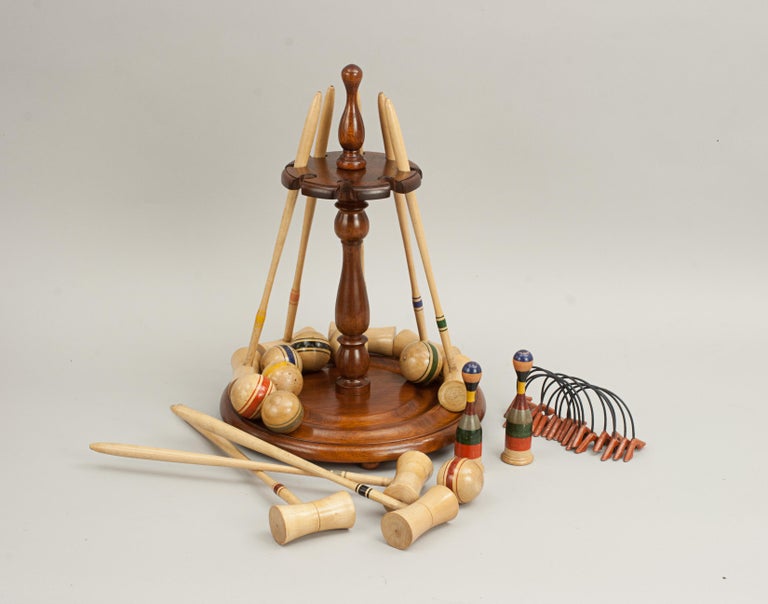 Antique Table Croquet Set in Pine Box on New Stand For Sale at 1stDibs