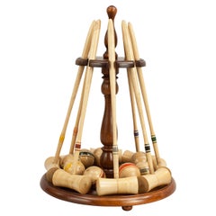 Antique Table Croquet Set in Pine Box on New Stand
