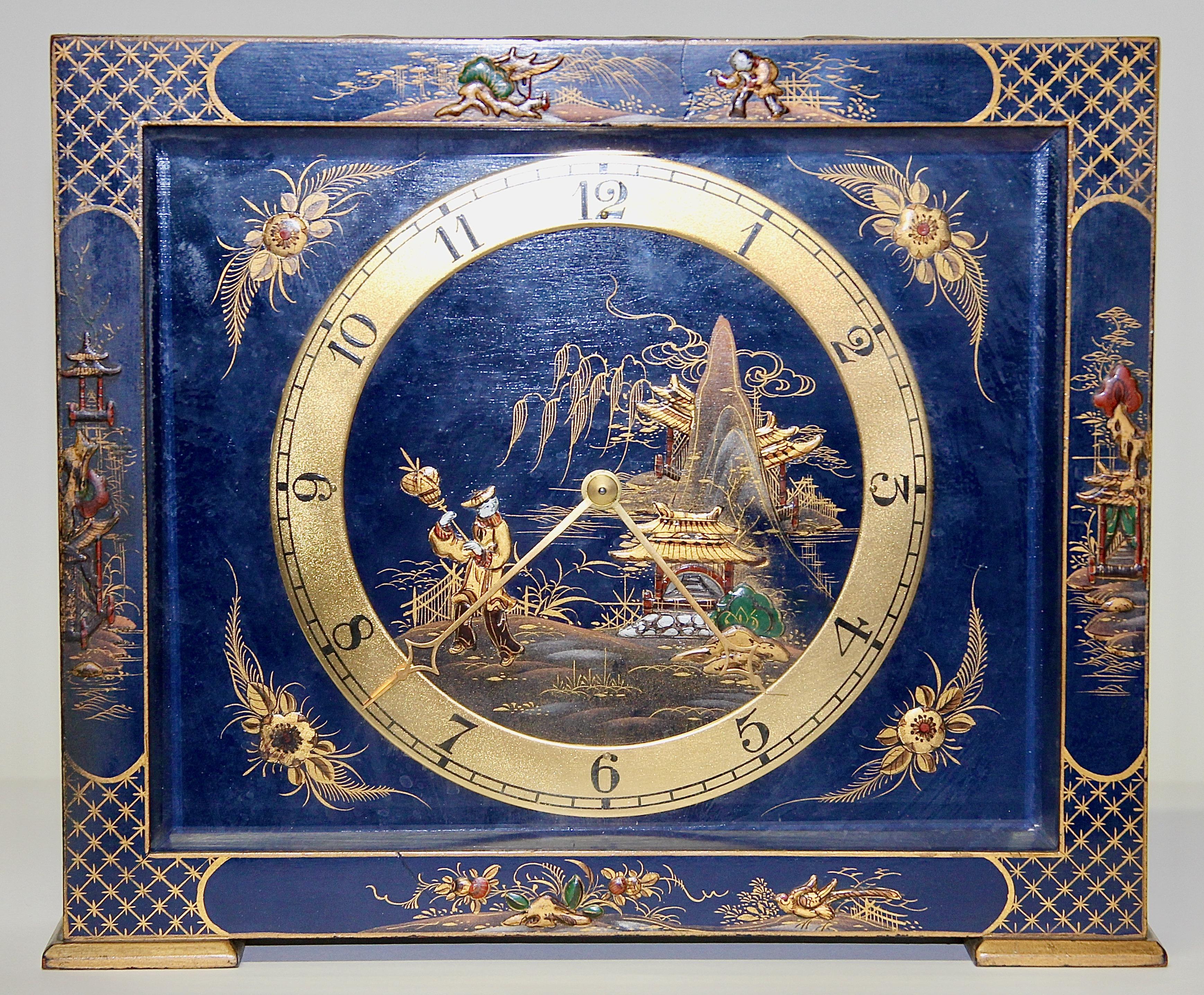 Antique Table Desk Clock, Painted, Chinoiserie, China Art In Fair Condition For Sale In Berlin, DE