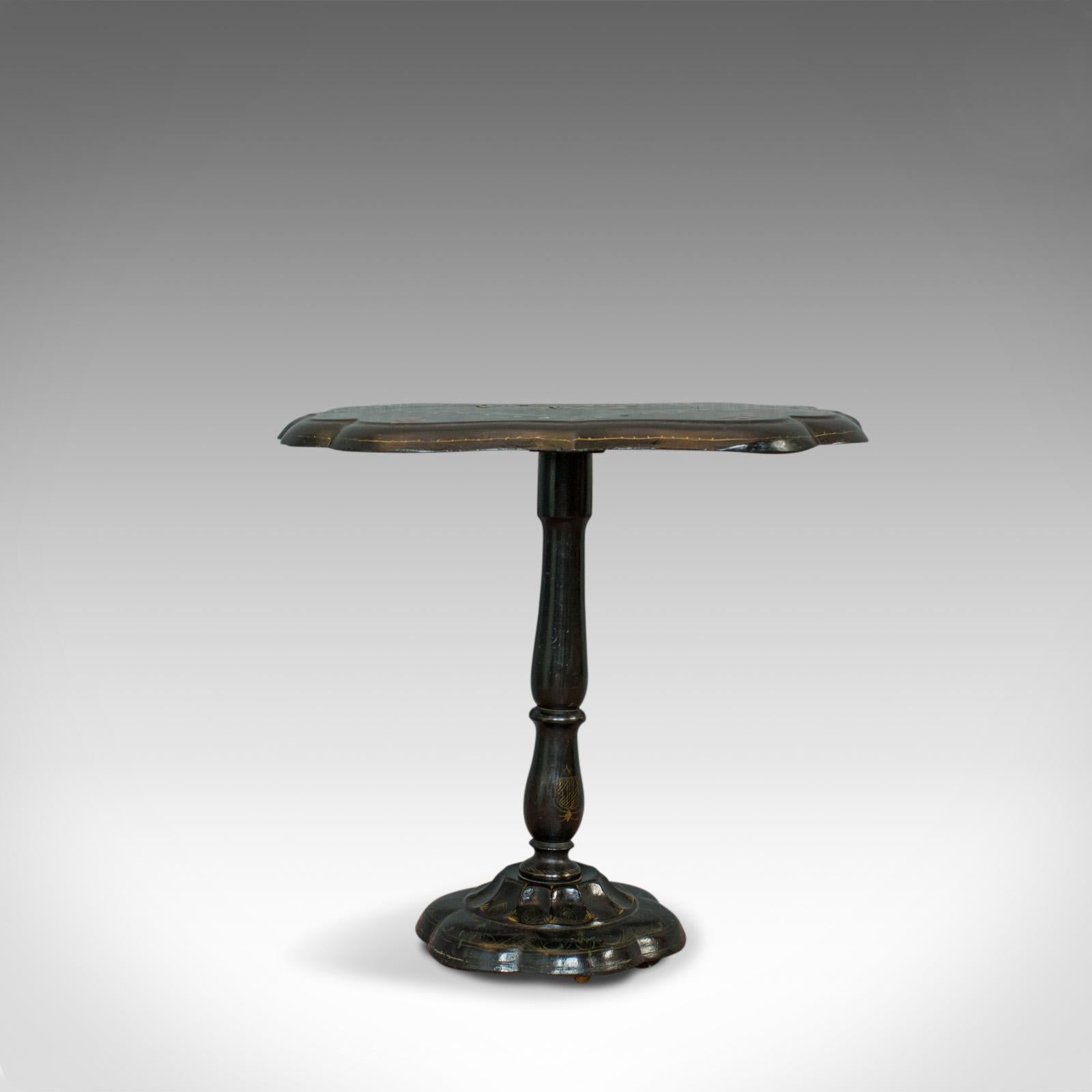 Victorian Antique Table, Ebonized, Papier Mache, Mother of Pearl, Side, Lamp, Wine, Tilt