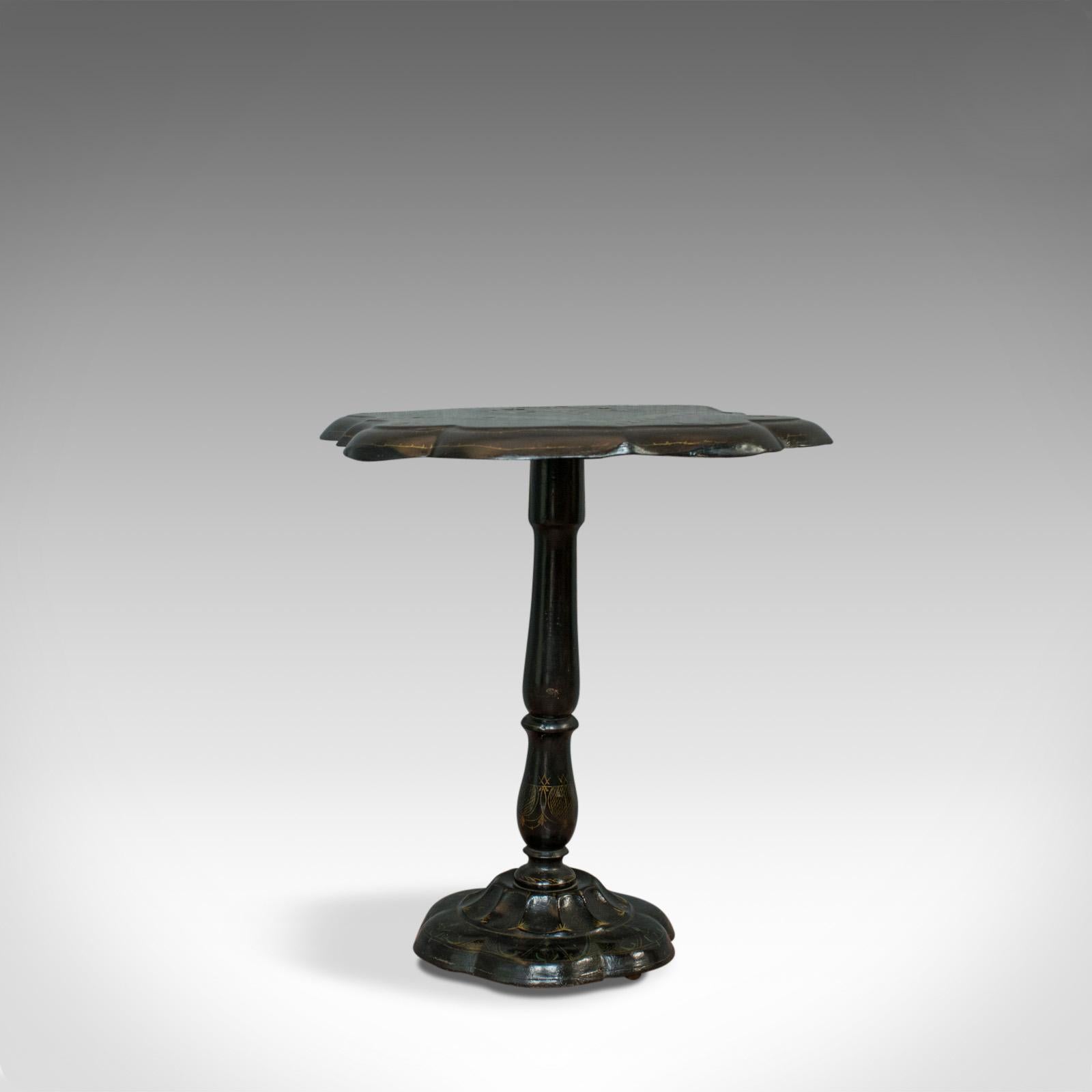 English Antique Table, Ebonized, Papier Mache, Mother of Pearl, Side, Lamp, Wine, Tilt