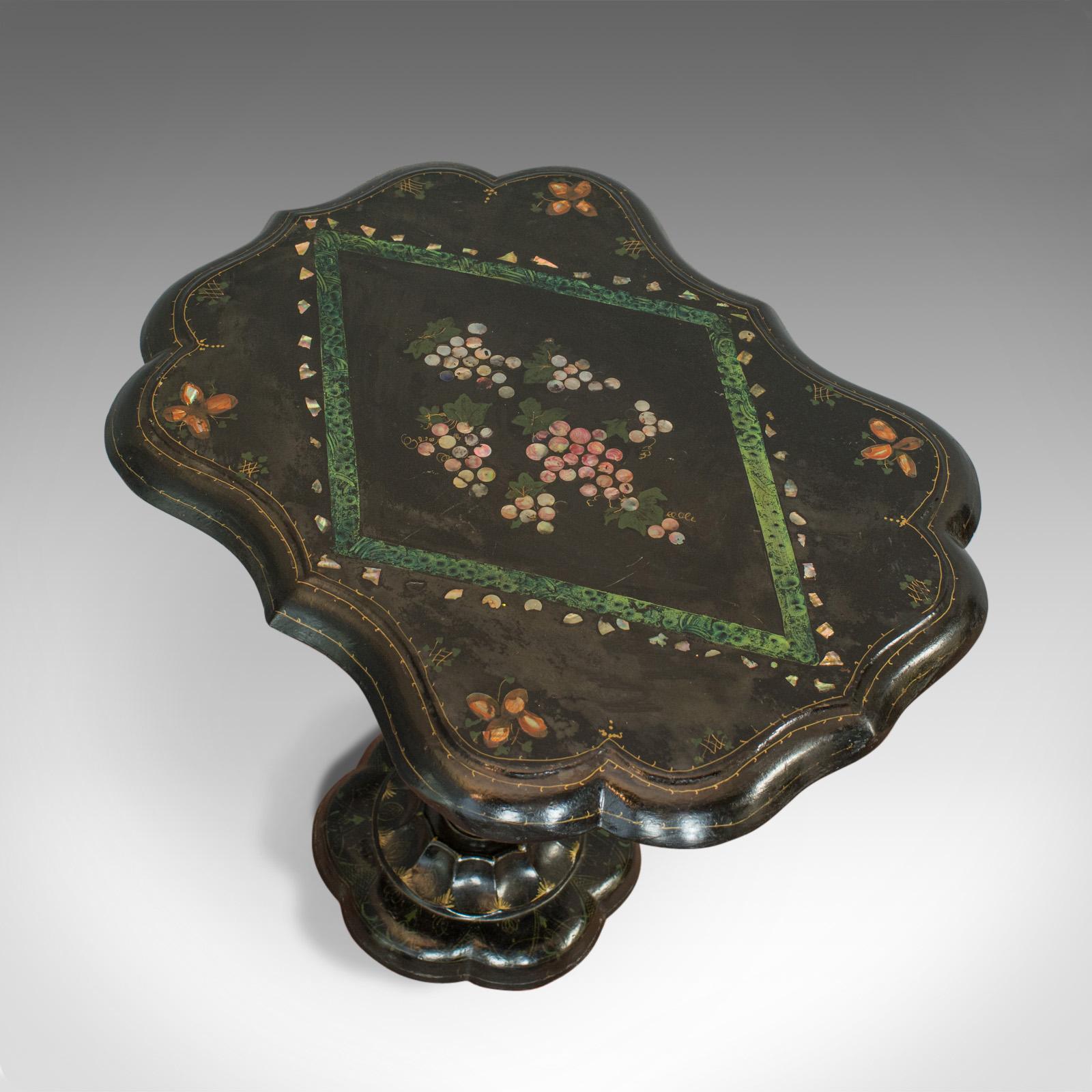 19th Century Antique Table, Ebonized, Papier Mache, Mother of Pearl, Side, Lamp, Wine, Tilt