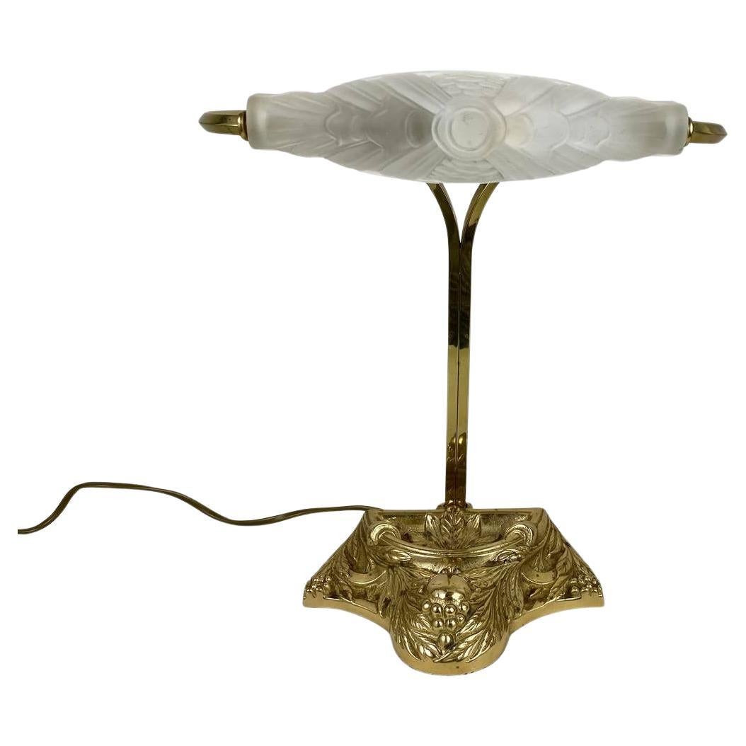 Antique Table Lamp Art Deco Gilt Bronze and Frosted Lamp, France, 1920s