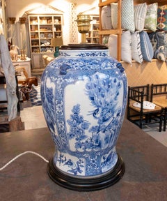 Antique Oriental Table Lamp, Blue and White Ceramic, Hand-Painted.