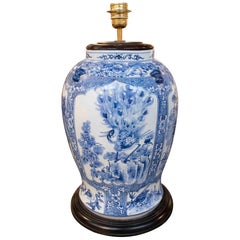 Antique Oriental Table Lamp, Blue and White Ceramic, Hand-Painted.