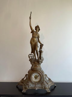 Antique TABLE LAMP Brass, Auguste Moreau Gilt Sculptural Three-Piece Clock Set