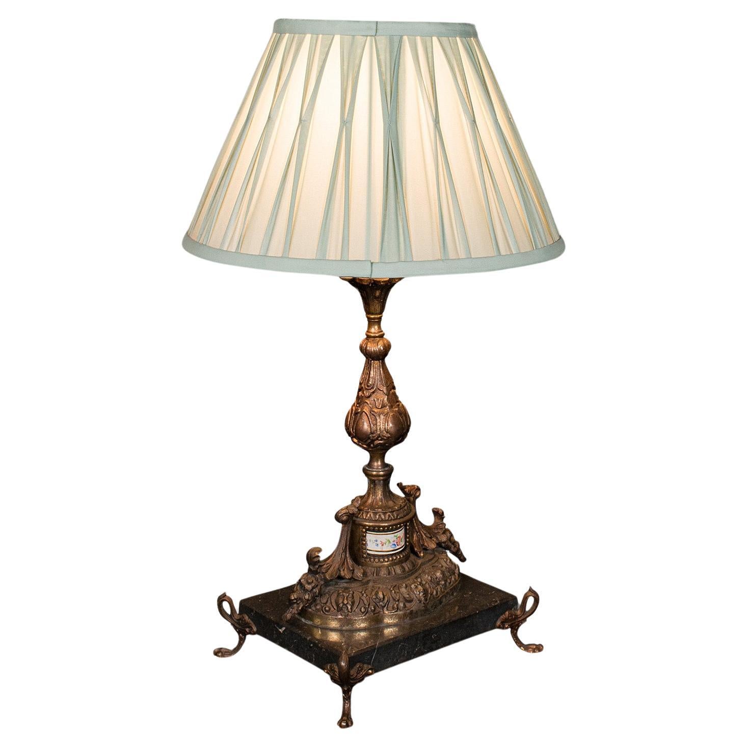 Lampada da tavolo antica, francese, in metallo dorato, marmo, luce laterale, Edwardiana, C.C.