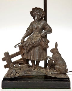 Antique Table Lamp of a Girl and Bunny