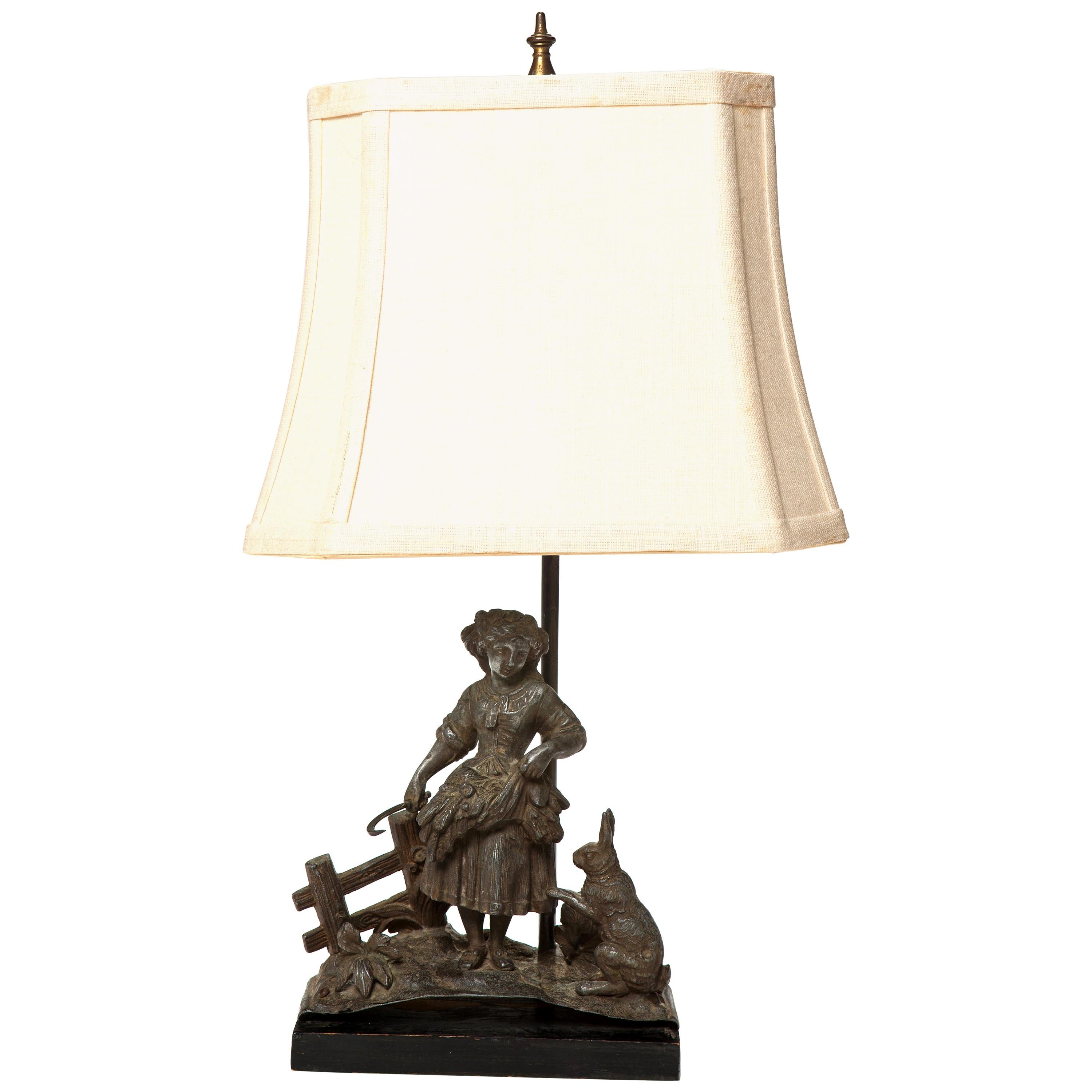 Antique Table Lamp of a Girl and Bunny