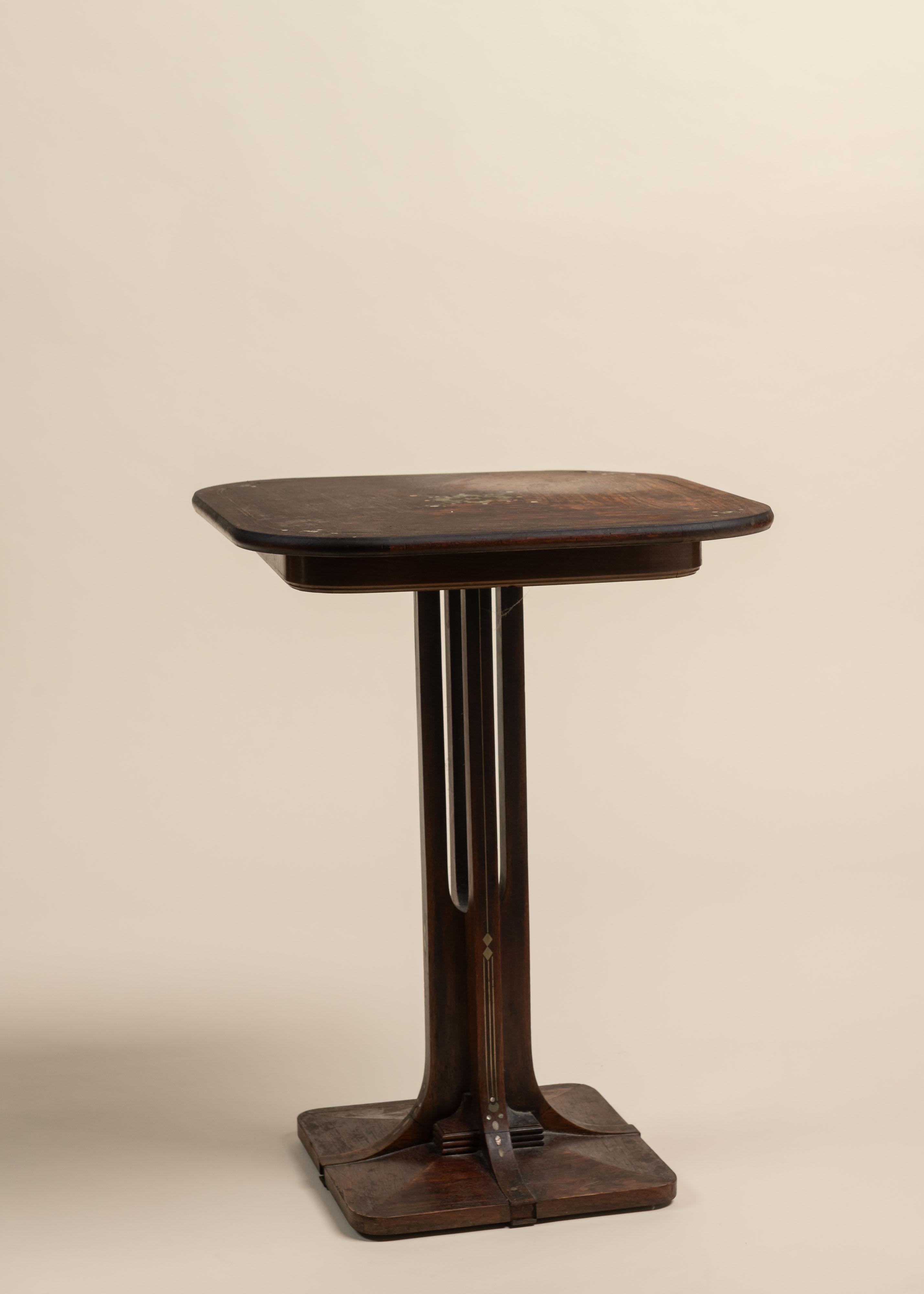 Beautiful Pedestal or Side Table of Wood, Brass and Inlaid Mother-of-Pearl designed in Italy by Carlo Zen. A Classic Art Nouveau piece, this table is a perfect size. 
