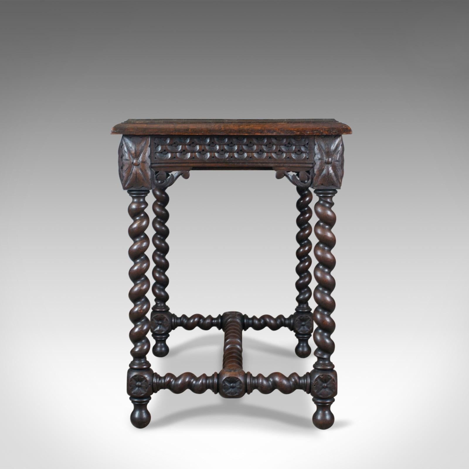 Late Victorian Antique Table, Scottish, Oak, Carved, Barley Twist, Side, circa 1880