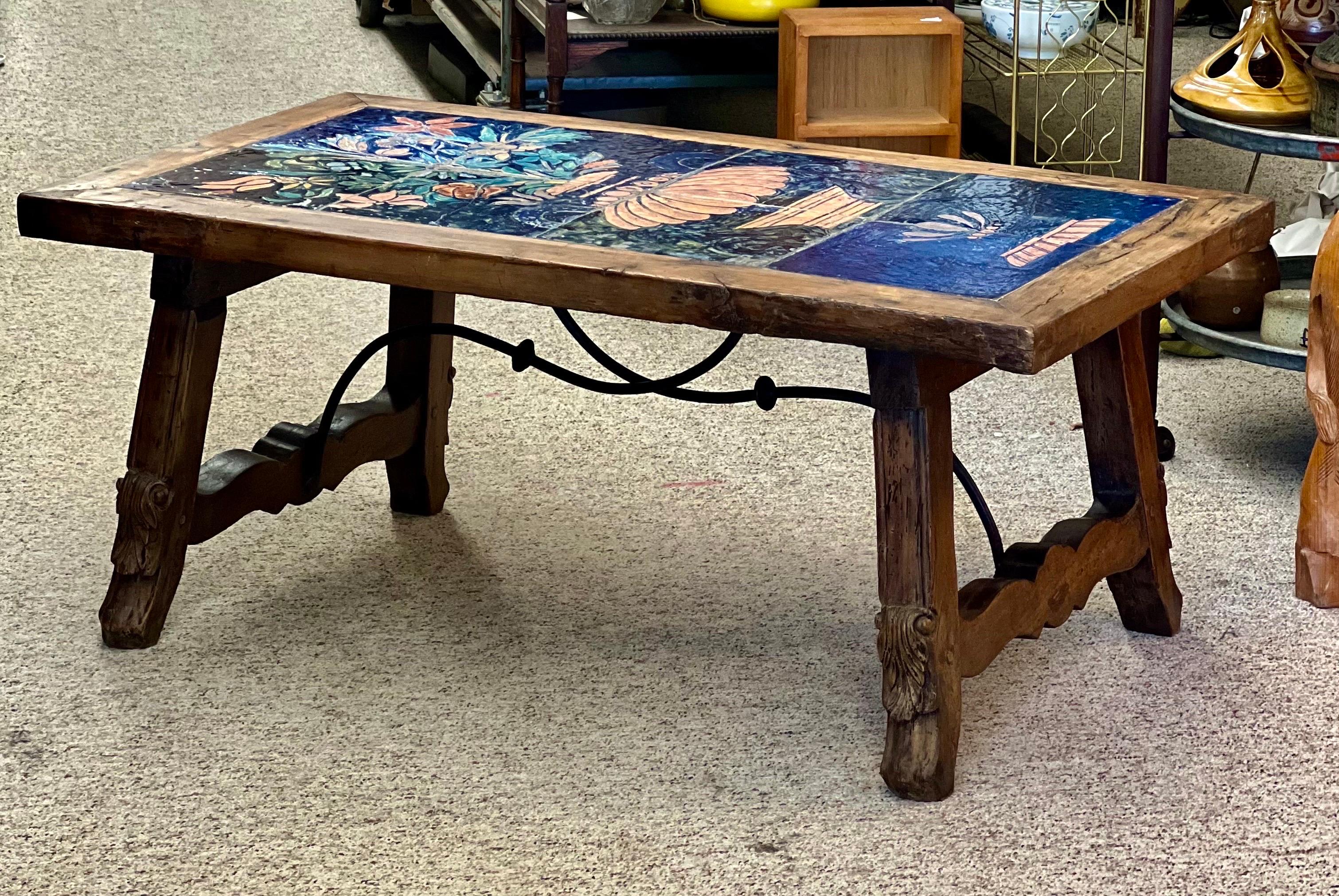 Mid-Century Modern Antique Coffee Table Stand with Tile Top For Sale