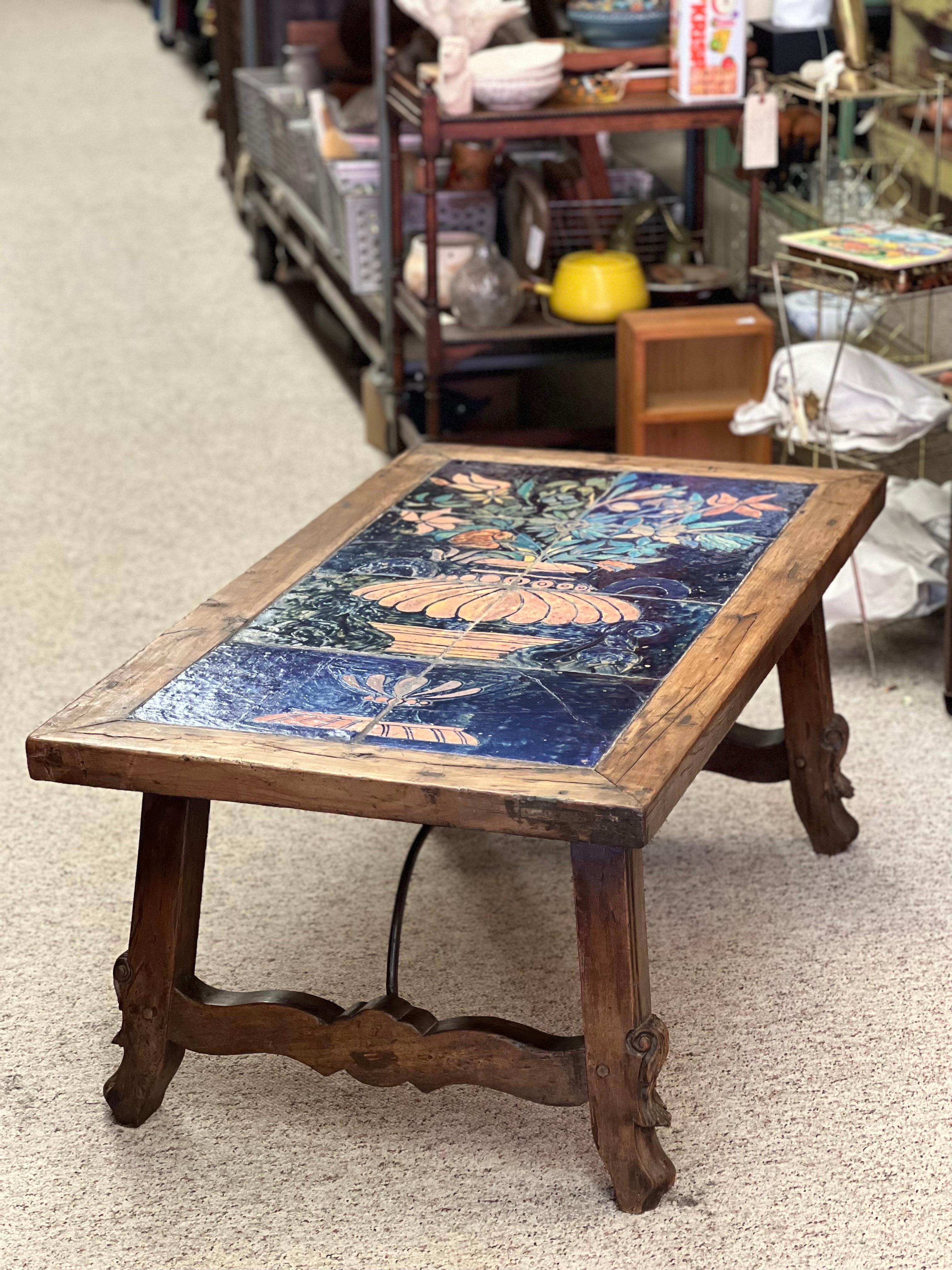 Antique Coffee Table Stand with Tile Top In Good Condition For Sale In Seattle, WA