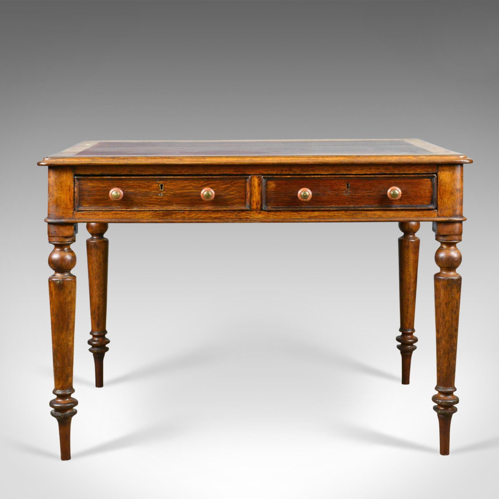This is an antique writing table, a Victorian library desk. English, oak from the mid 19th century, circa 1870.

Solid and stable in strong English oak with a desirable aged patina
Honey hues with attractive grain detail in a waxed polished
