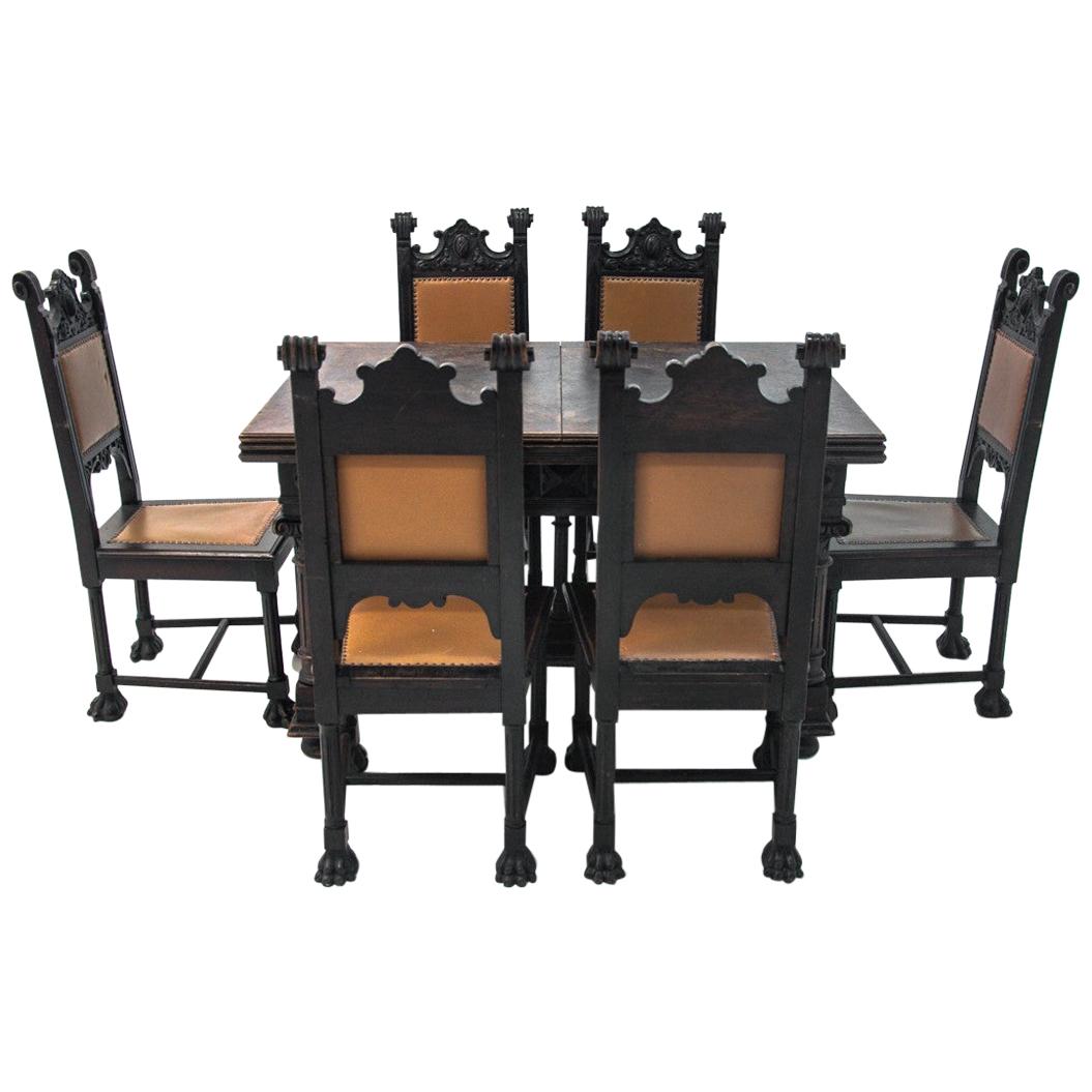 Antique Table with Dining Room Chairs from circa 1880 in the Renaissance Style