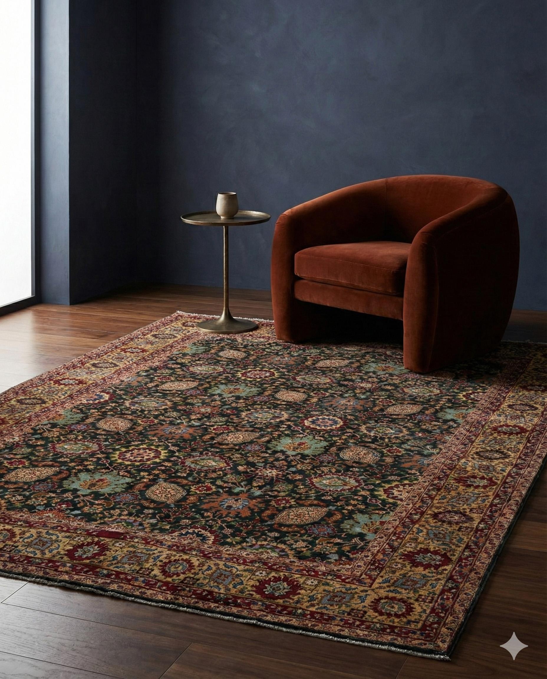 Antiker Täbris-Teppich

Dramatische Blumenpracht
Dieser außergewöhnliche handgeknüpfte Teppich, ein Meisterwerk des klassischen persischen Designs, besticht durch sein auffälliges onyxschwarzes Feld, das durch komplizierte botanische Kunstwerke