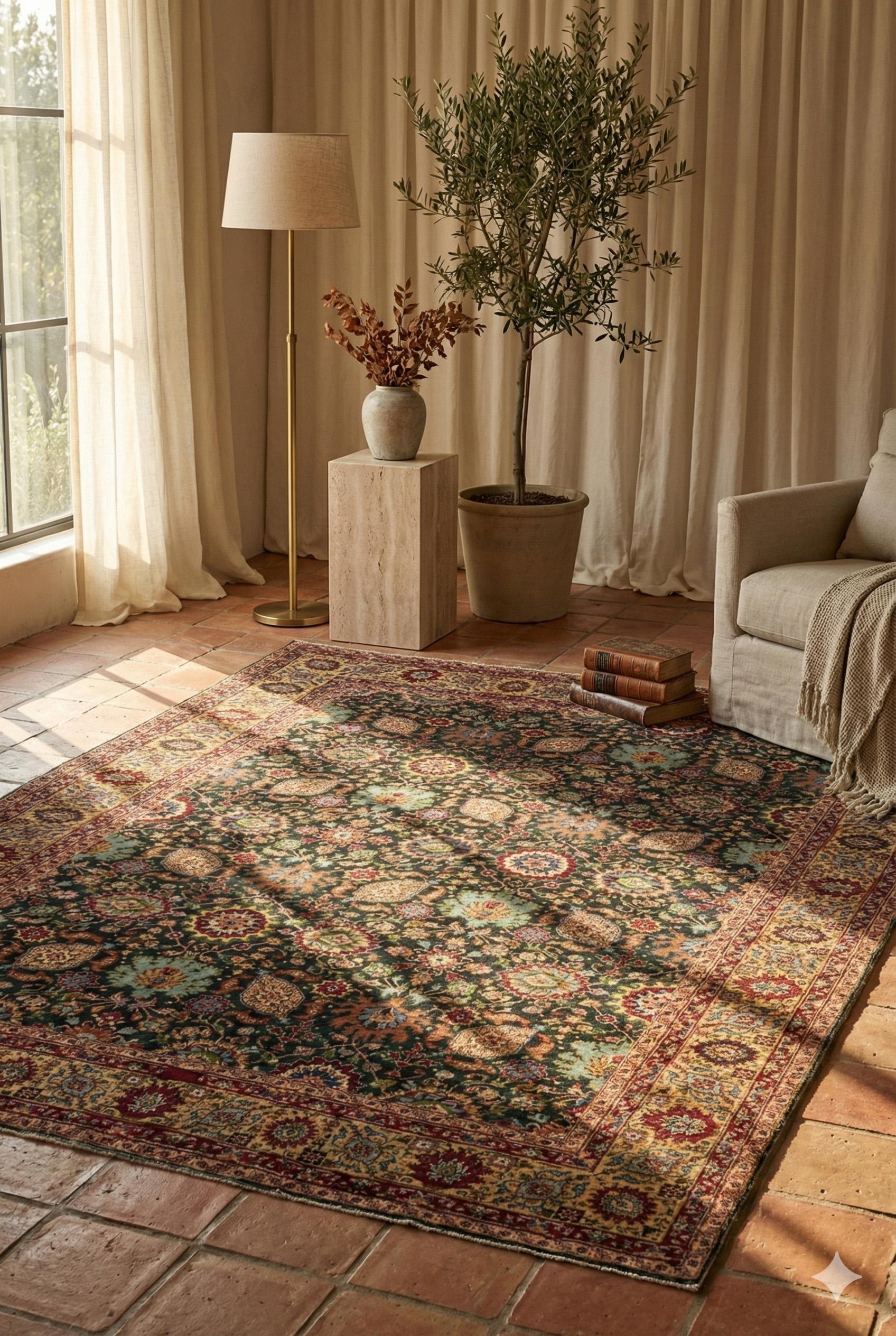 Antike Tabriz Bereich Teppich 8 ft X 11 ft - Blumenmotiv - Schwarz Gelb Blau (Persisch) im Angebot