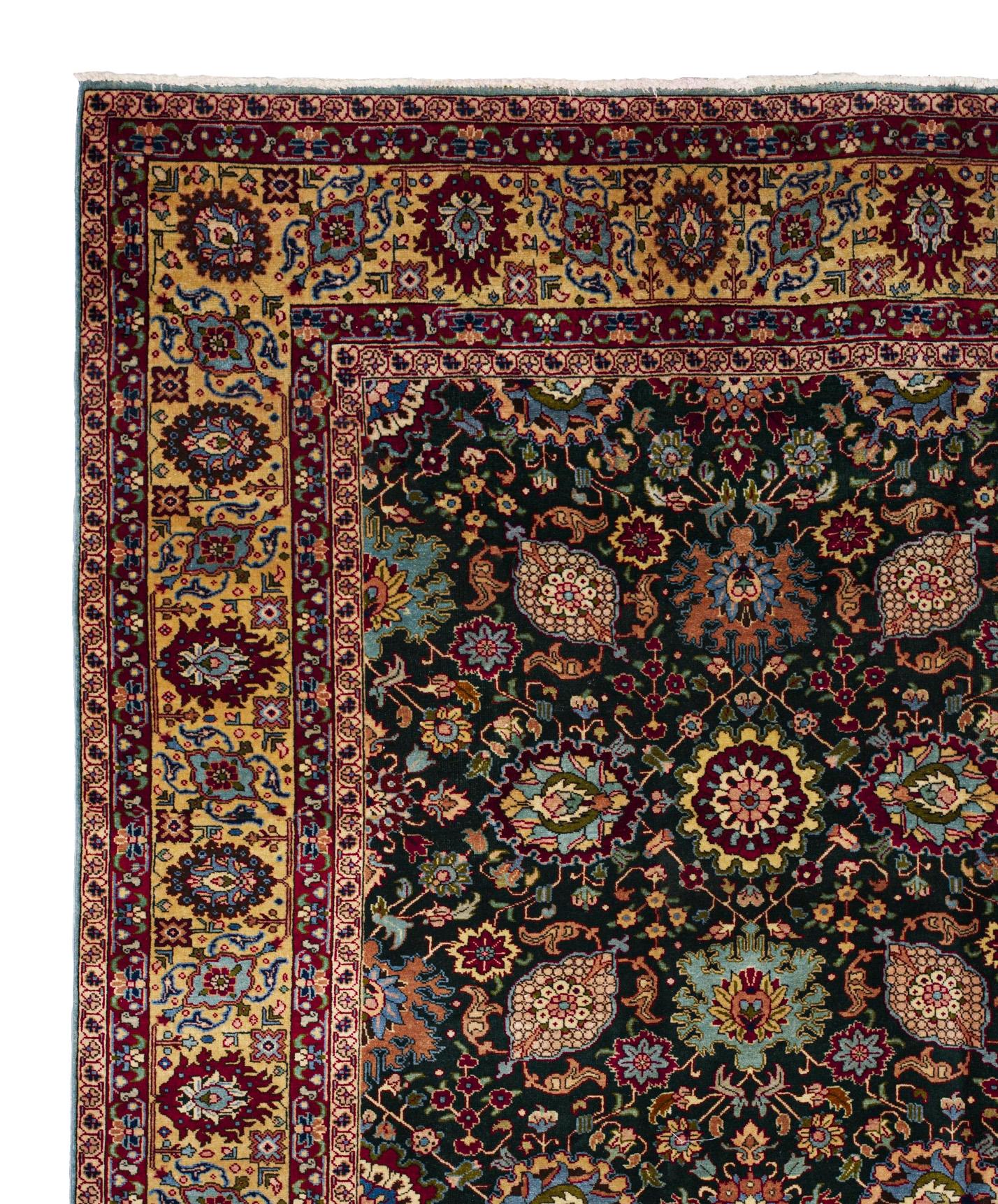 Antike Tabriz Bereich Teppich 8 ft X 11 ft - Blumenmotiv - Schwarz Gelb Blau (Handgewebt) im Angebot