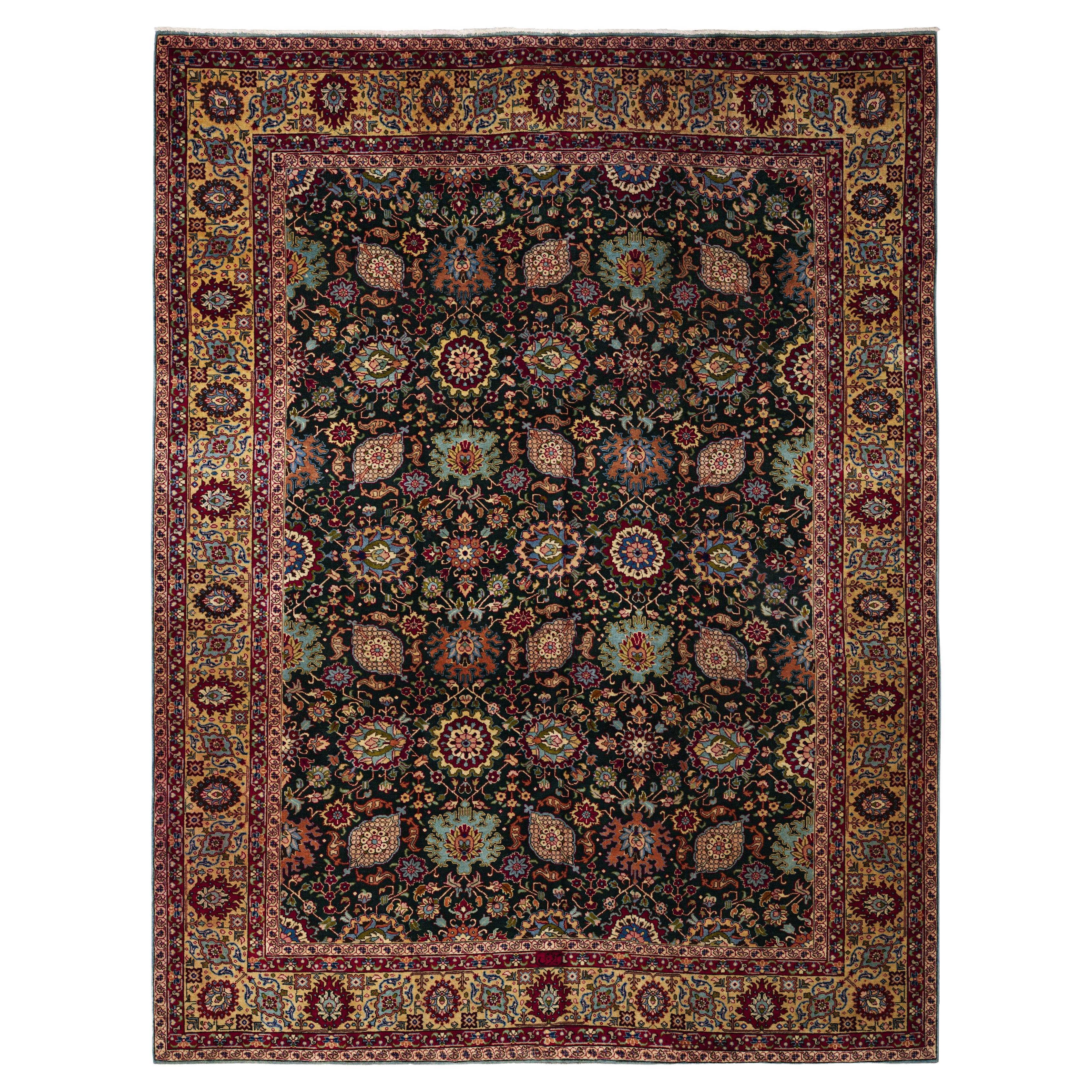 Antike Tabriz Bereich Teppich 8 ft X 11 ft - Blumenmotiv - Schwarz Gelb Blau
