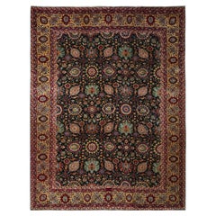 Antike Tabriz Bereich Teppich 8 ft X 11 ft - Blumenmotiv - Schwarz Gelb Blau