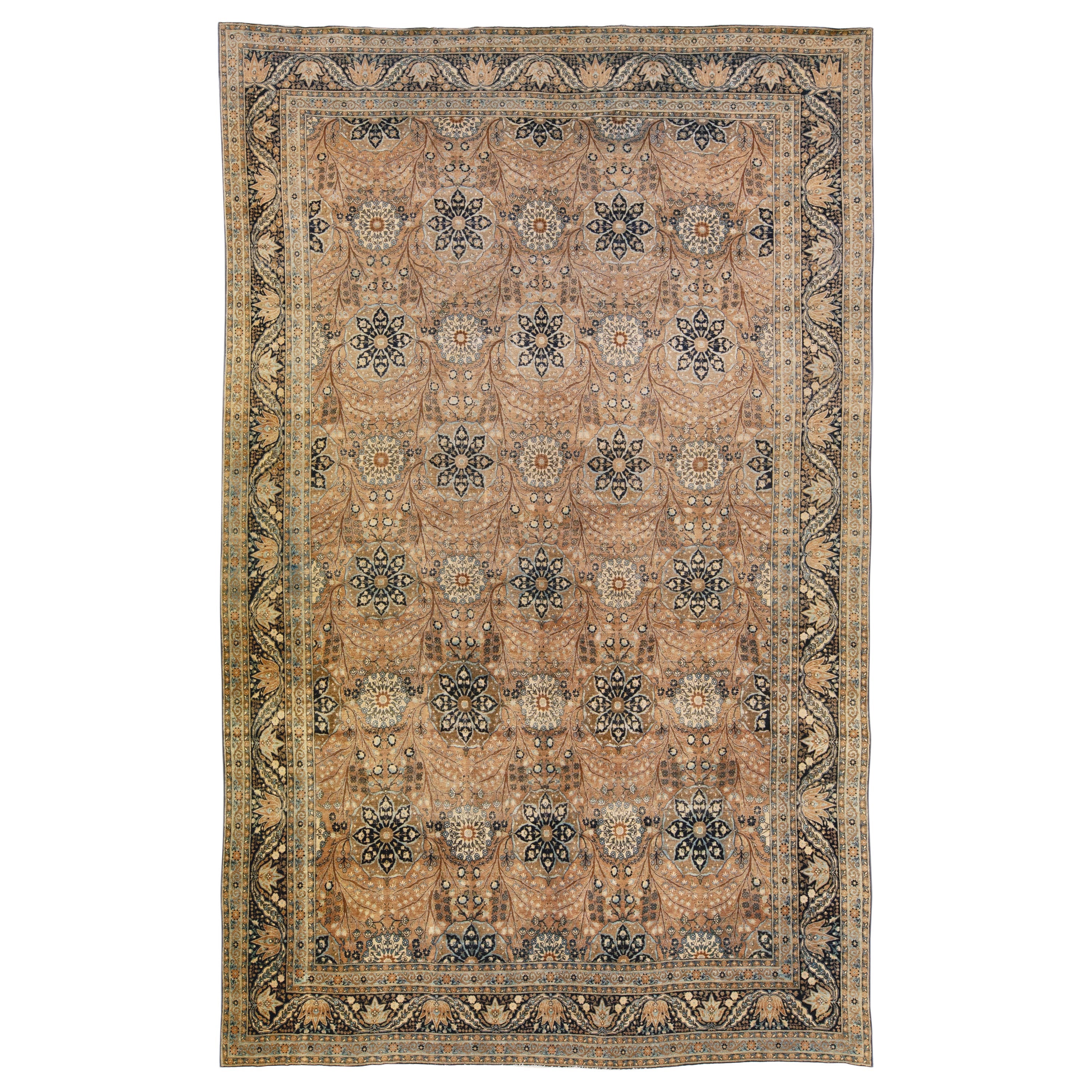 Tappeto antico Tabriz beige e blu fatto a mano con motivo floreale, persiano, in lana di dimensioni reali
