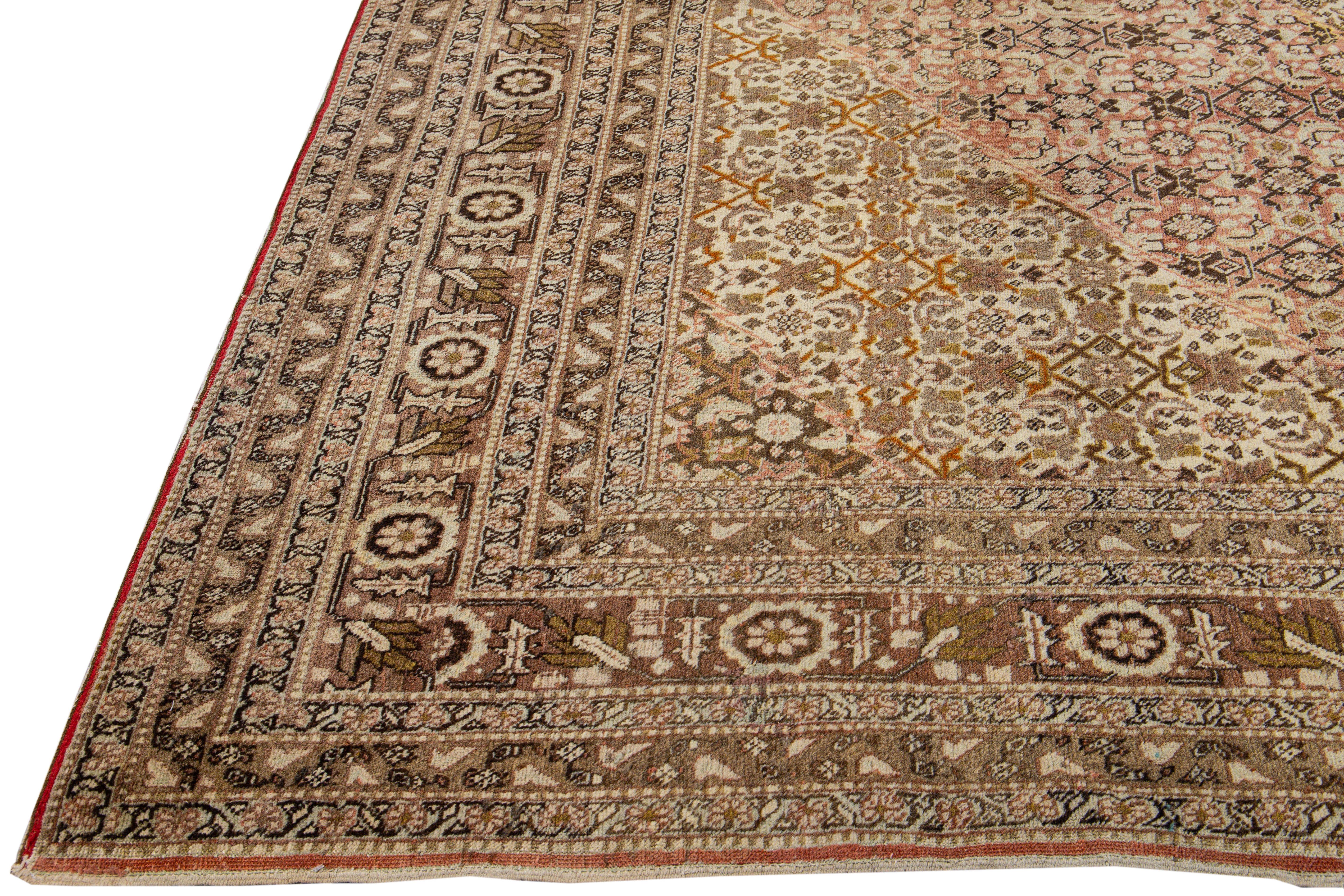 Persian Antique Tabriz Beige and Brown Handmade All-over Designed Wool Rug For Sale