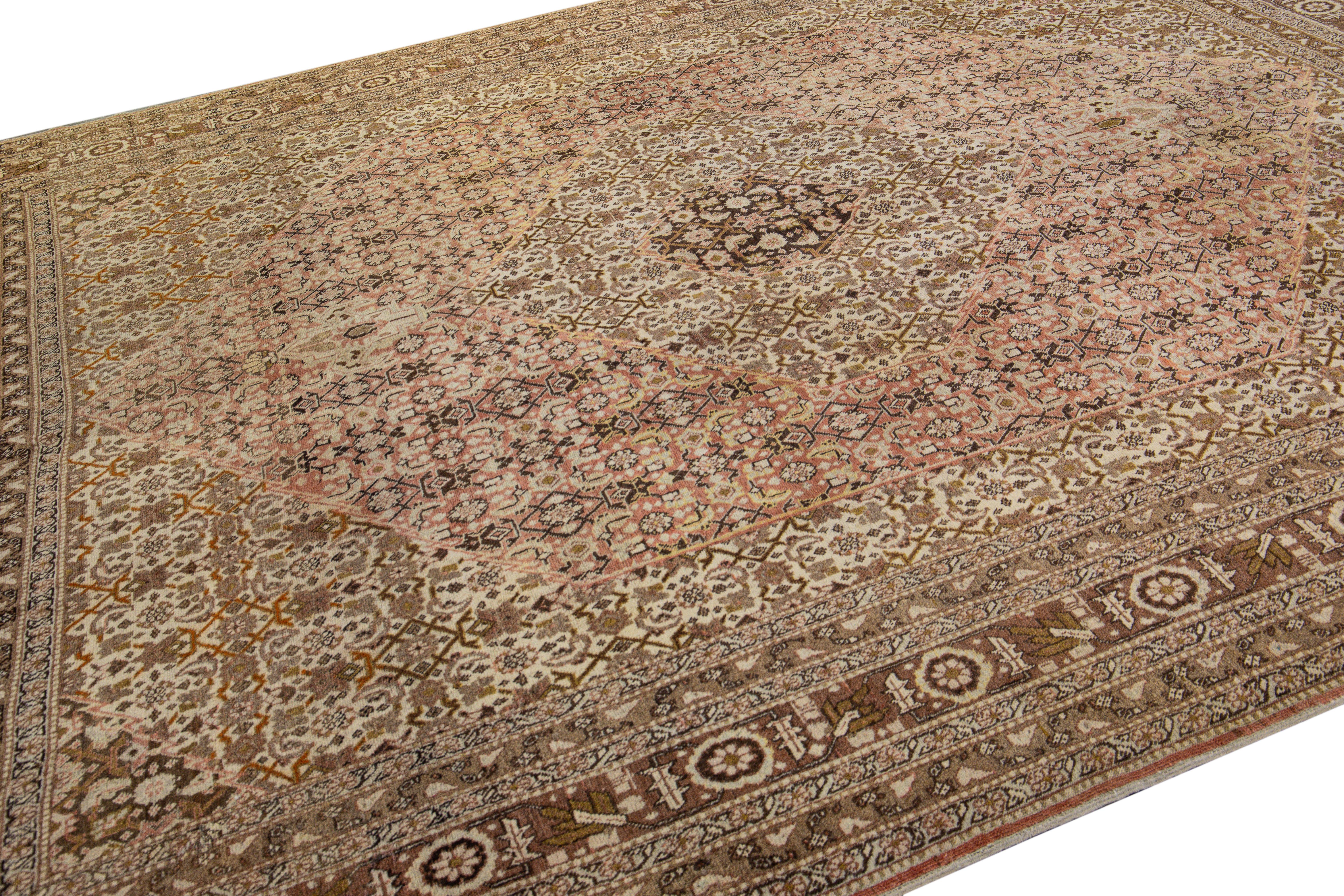 Hand-Knotted Antique Tabriz Beige and Brown Handmade All-over Designed Wool Rug For Sale
