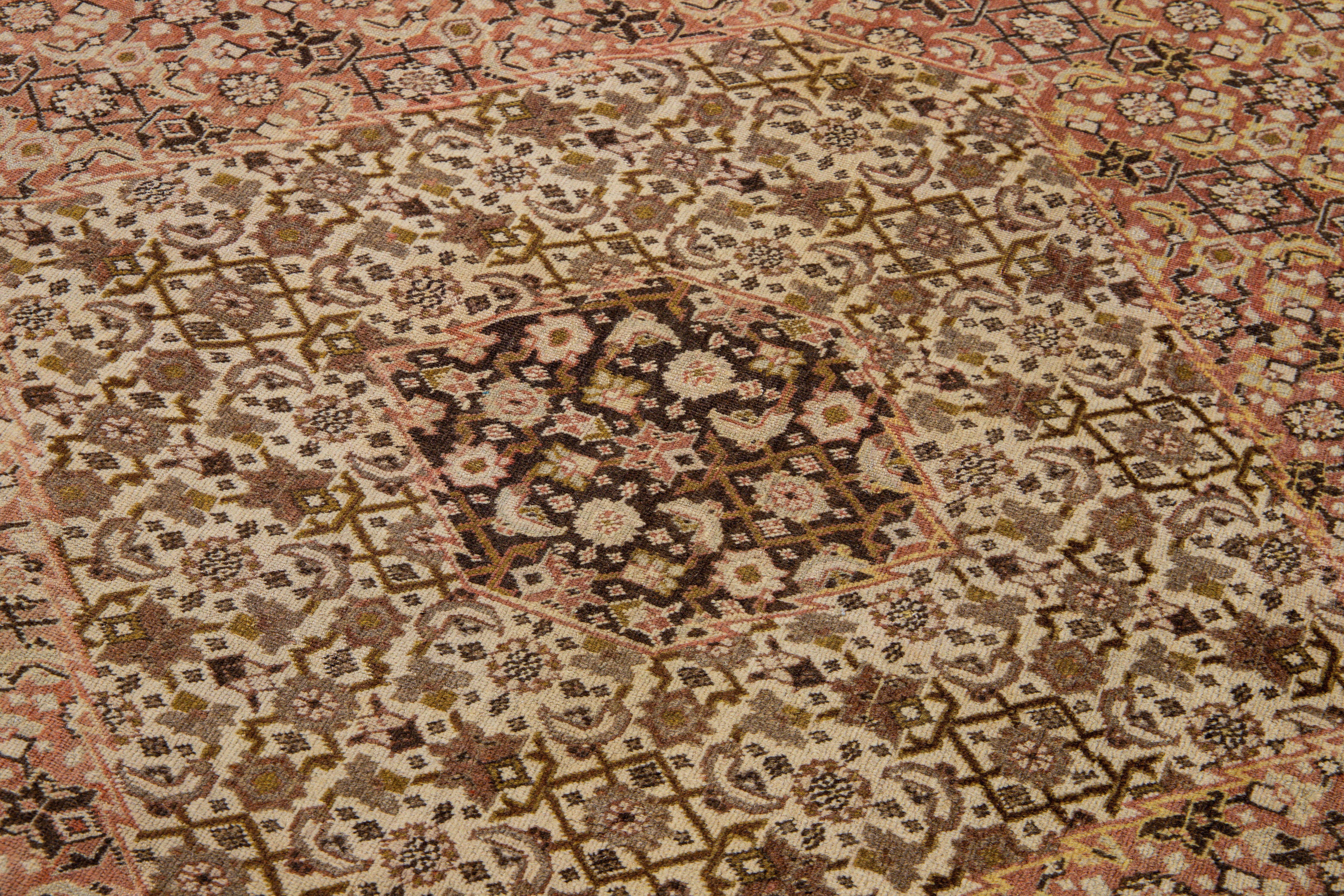 Early 20th Century Antique Tabriz Beige and Brown Handmade All-over Designed Wool Rug For Sale
