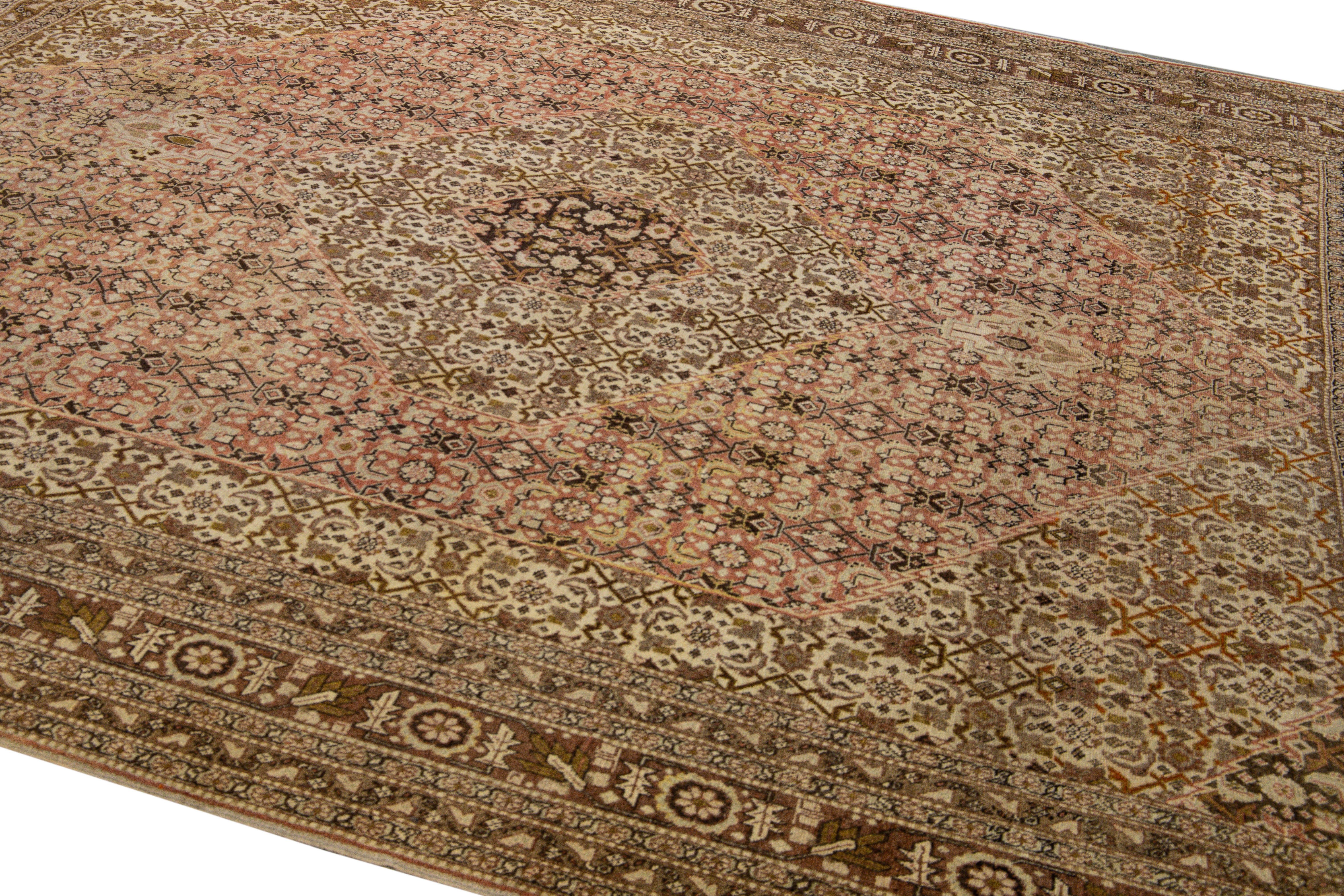 Antique Tabriz Beige and Brown Handmade All-over Designed Wool Rug For Sale 2