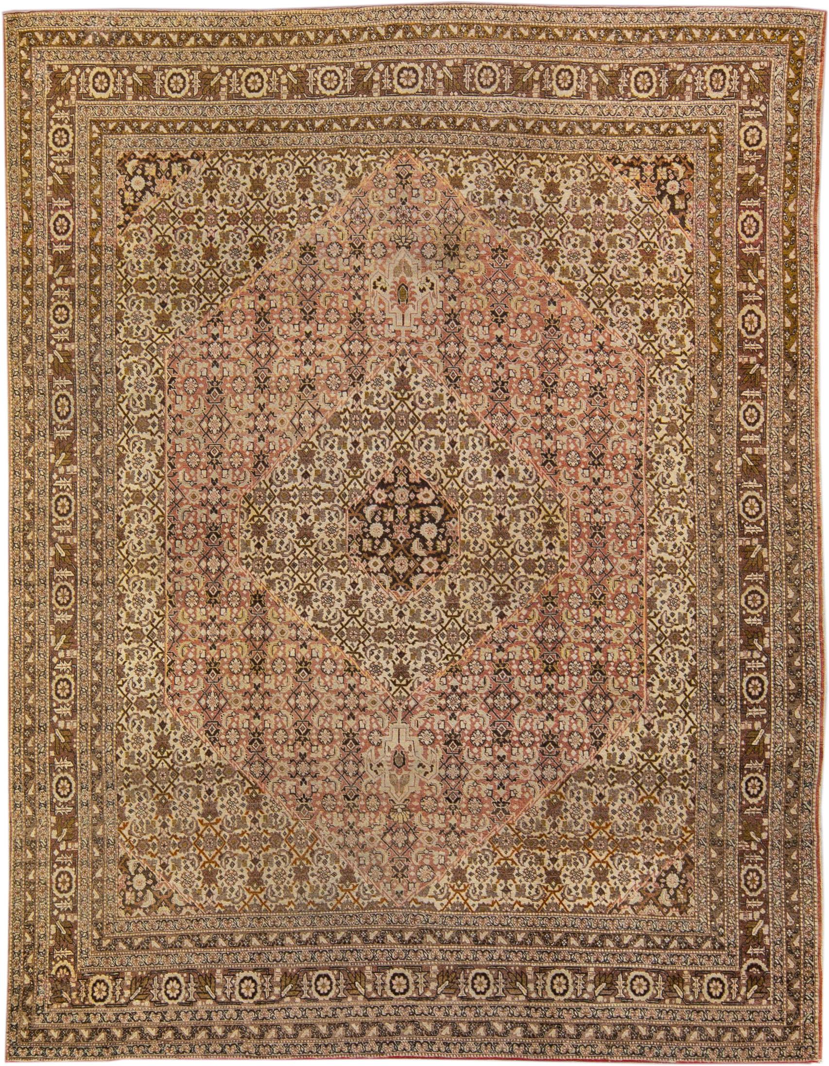 Antique Tabriz Beige and Brown Handmade All-over Designed Wool Rug For Sale