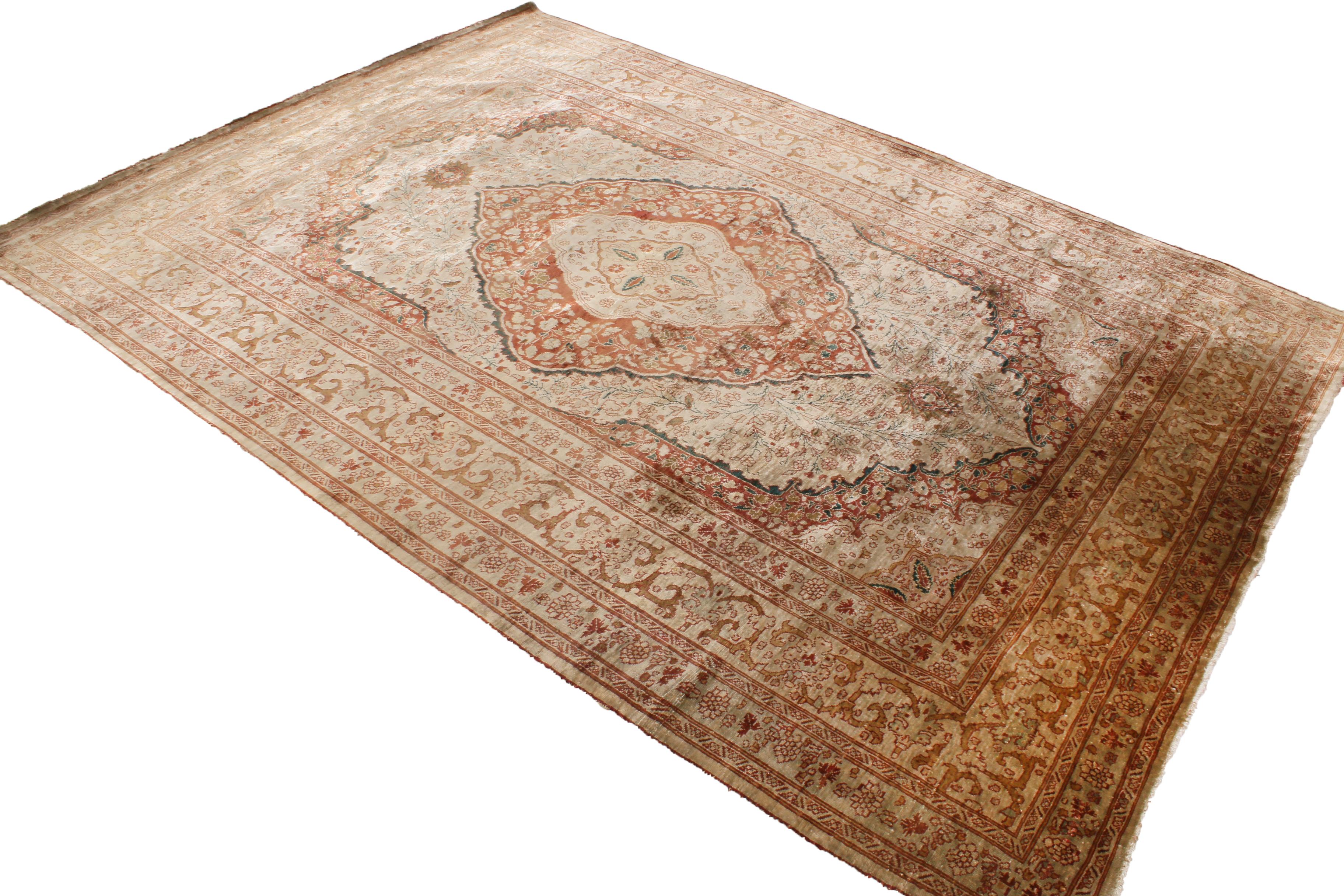 Hand-Knotted Antique Tabriz Beige and Pink Silk Persian Rug Floral Rug by Rug & Kilim For Sale
