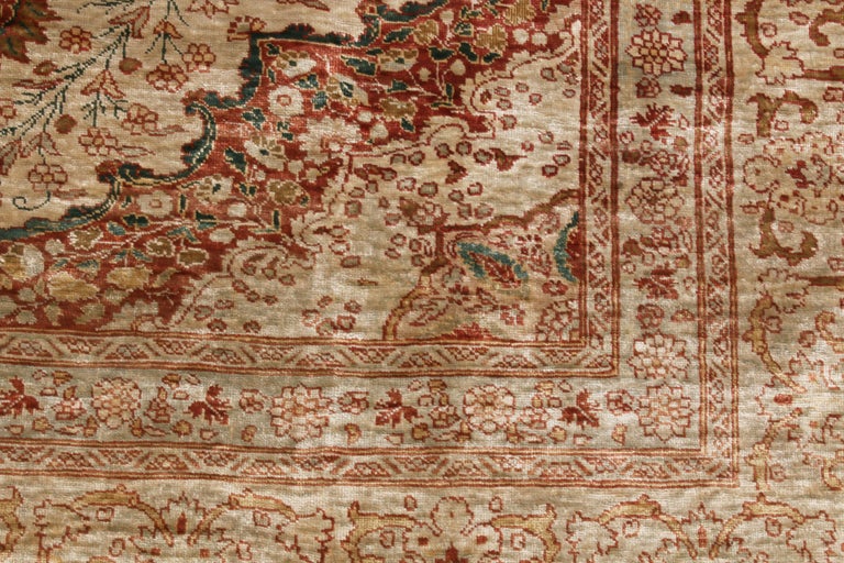 Early 20th Century Antique Tabriz Beige and Pink Silk Persian Rug Floral Rug For Sale