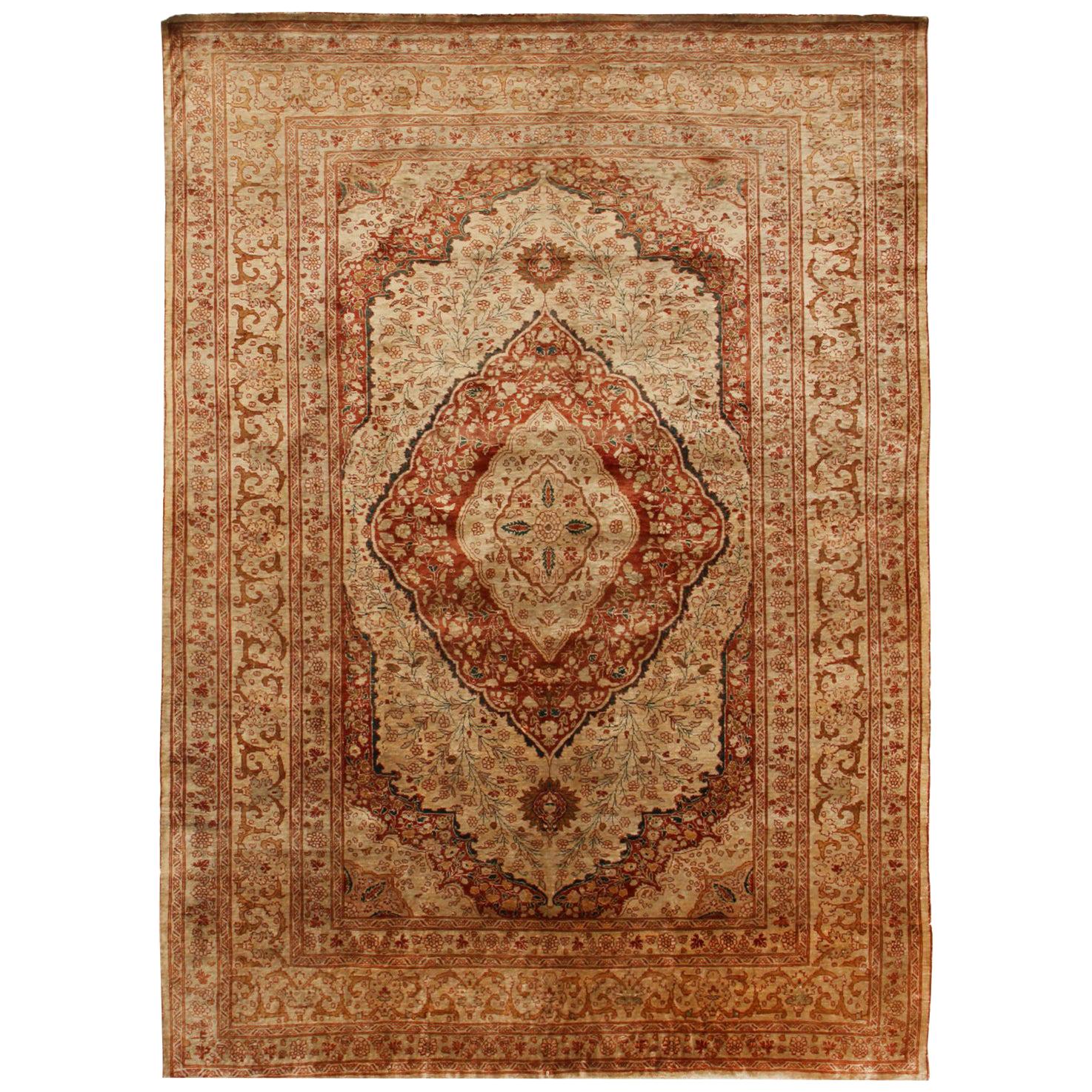 Antique Tabriz Beige and Pink Silk Persian Rug Floral Rug by Rug & Kilim