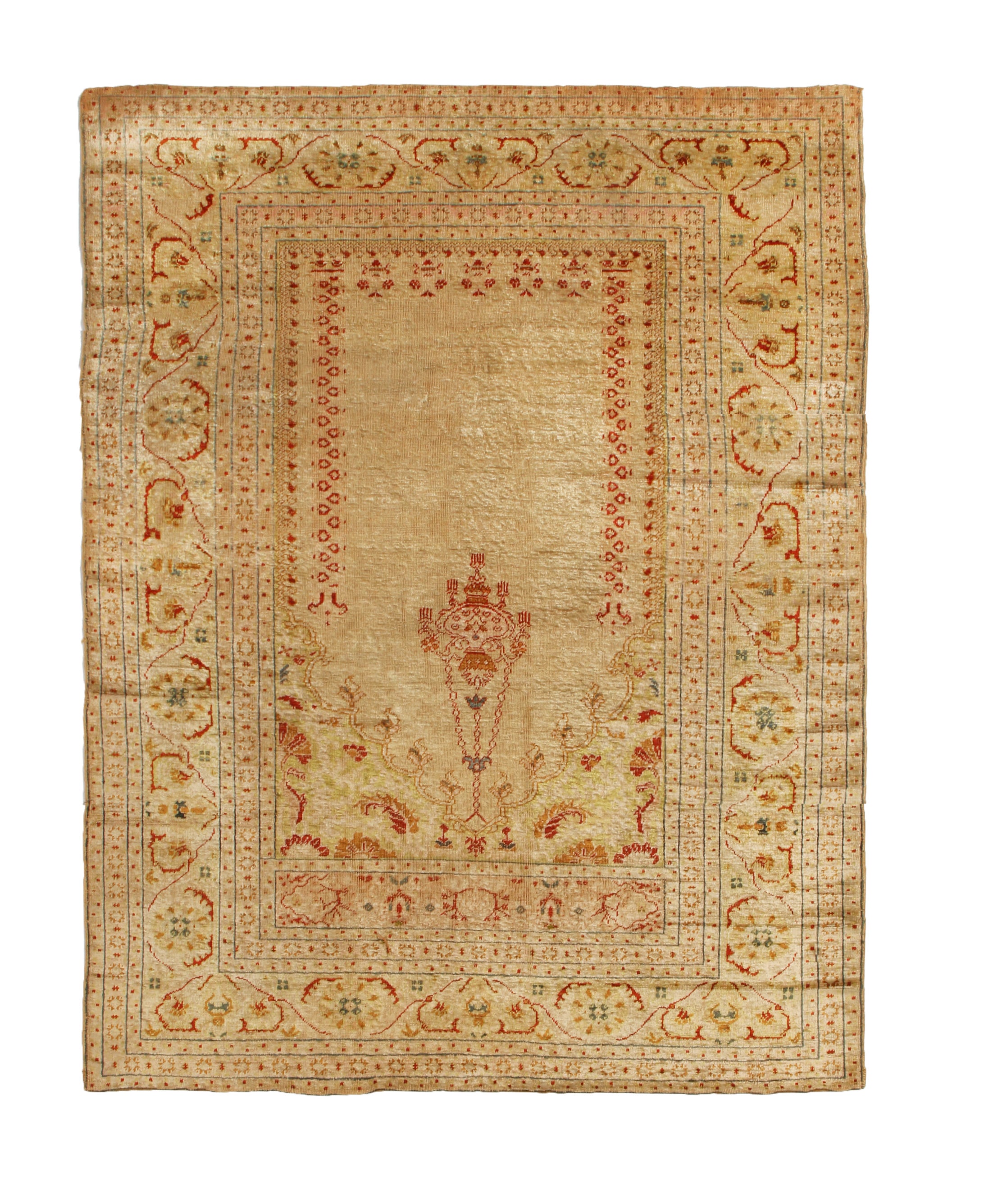 Dieser antike Täbriz-Teppich, der zwischen 1890 und 1910 in Persien entstand, zeichnet sich durch eine seltene, fein von Hand geknüpfte Reihe von Spiegelbordüren aus, die die Kombination des vielseitigen beigen Hintergrunds mit den leuchtenden