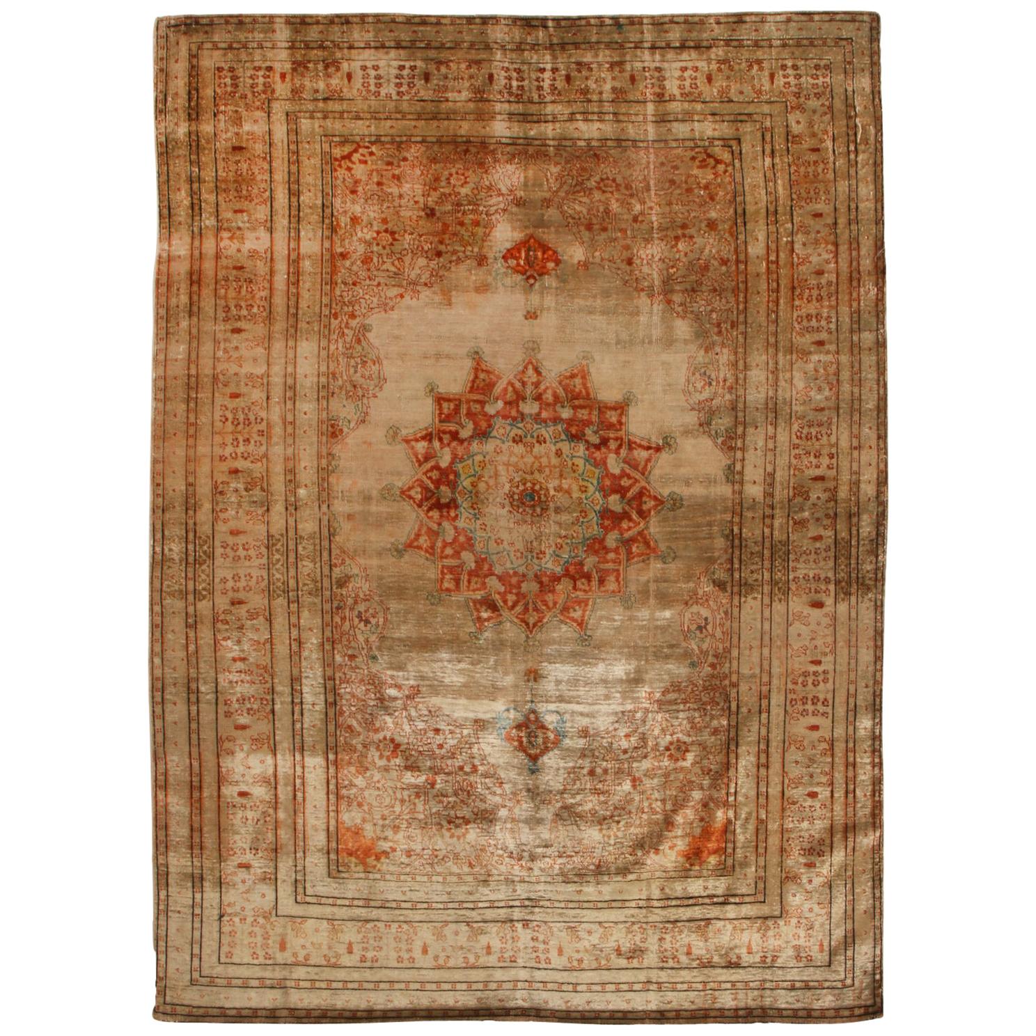 Antique Tabriz Beige Brown and Blue Wool Persian Rug