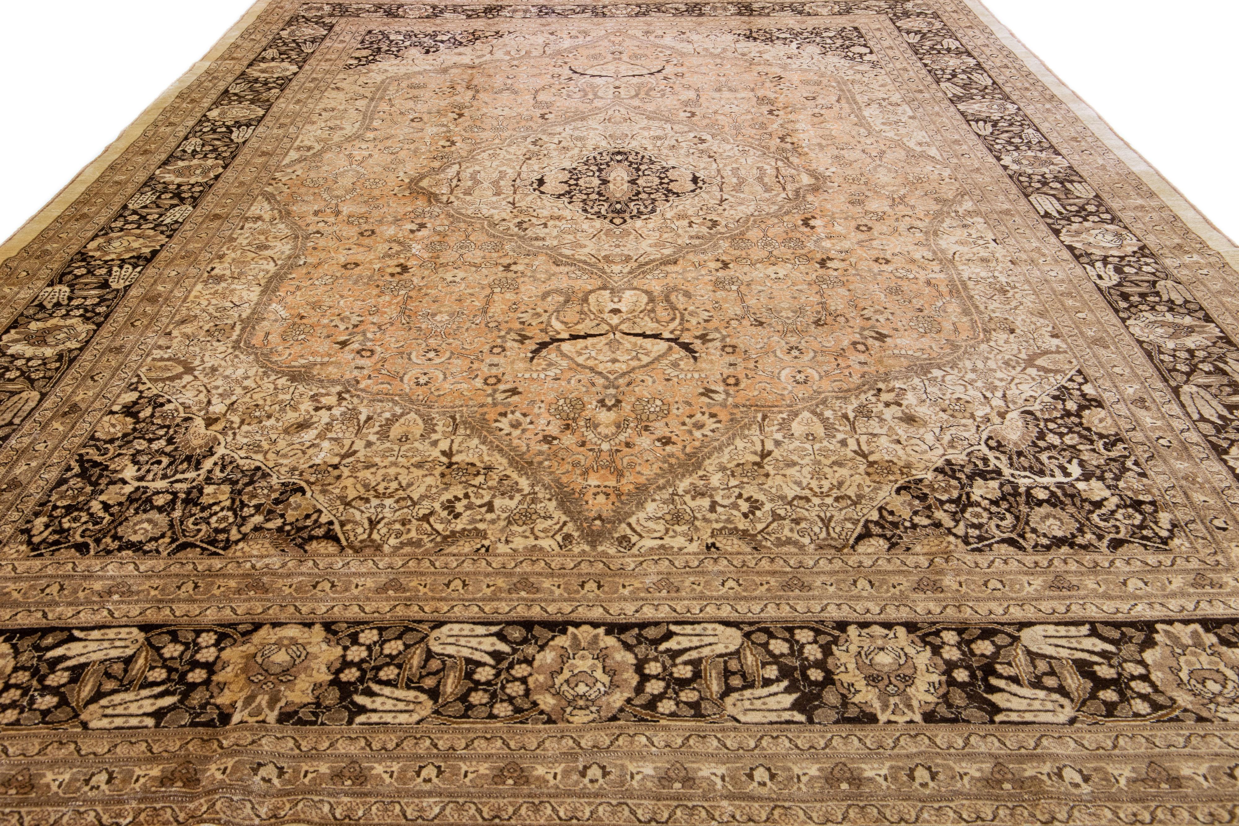 Hand-Knotted Antique Tabriz Beige Handmade Oversize Persian Wool Rug with Shah Abbasi Motif For Sale