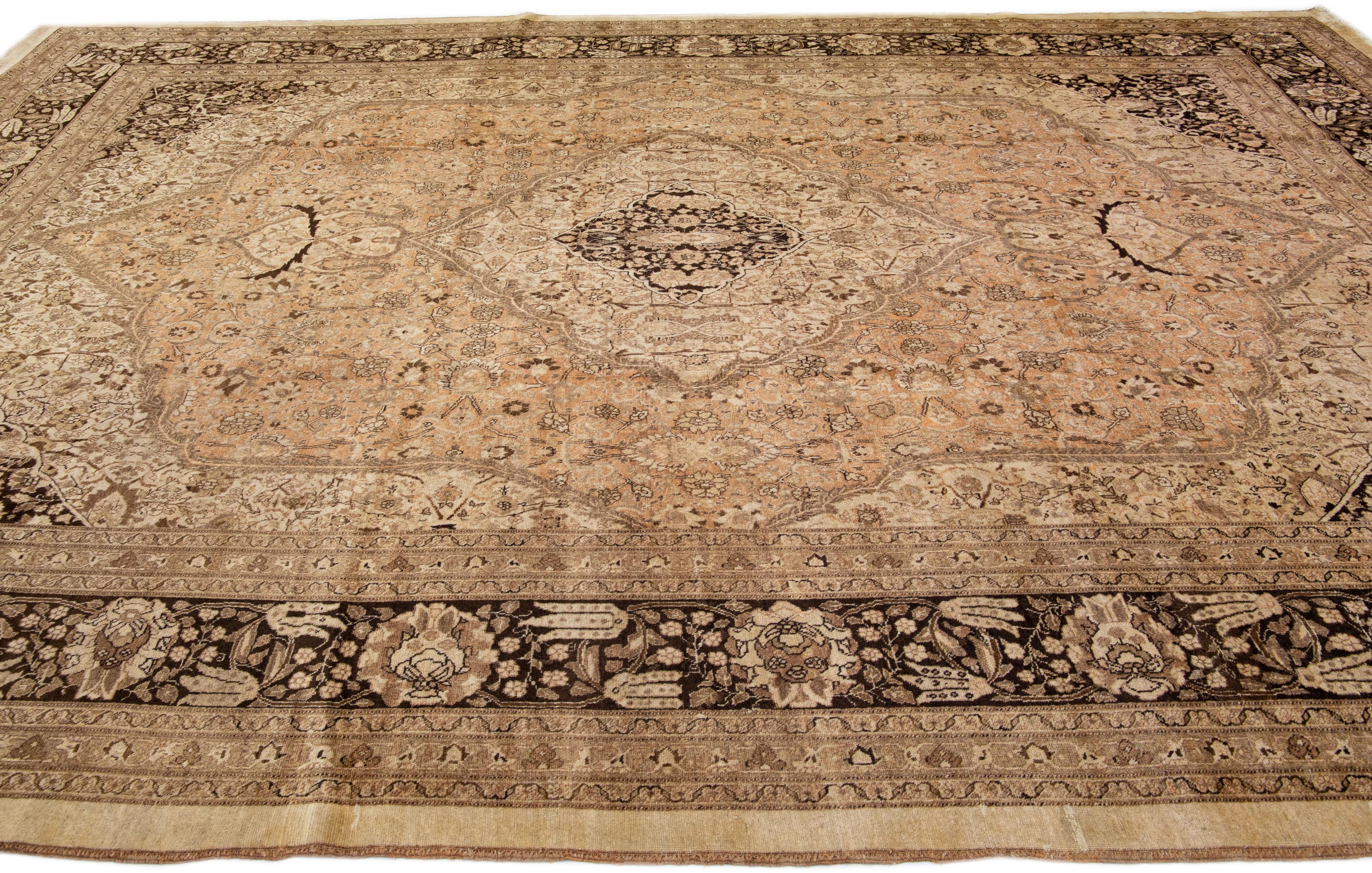 20th Century Antique Tabriz Beige Handmade Oversize Persian Wool Rug with Shah Abbasi Motif For Sale