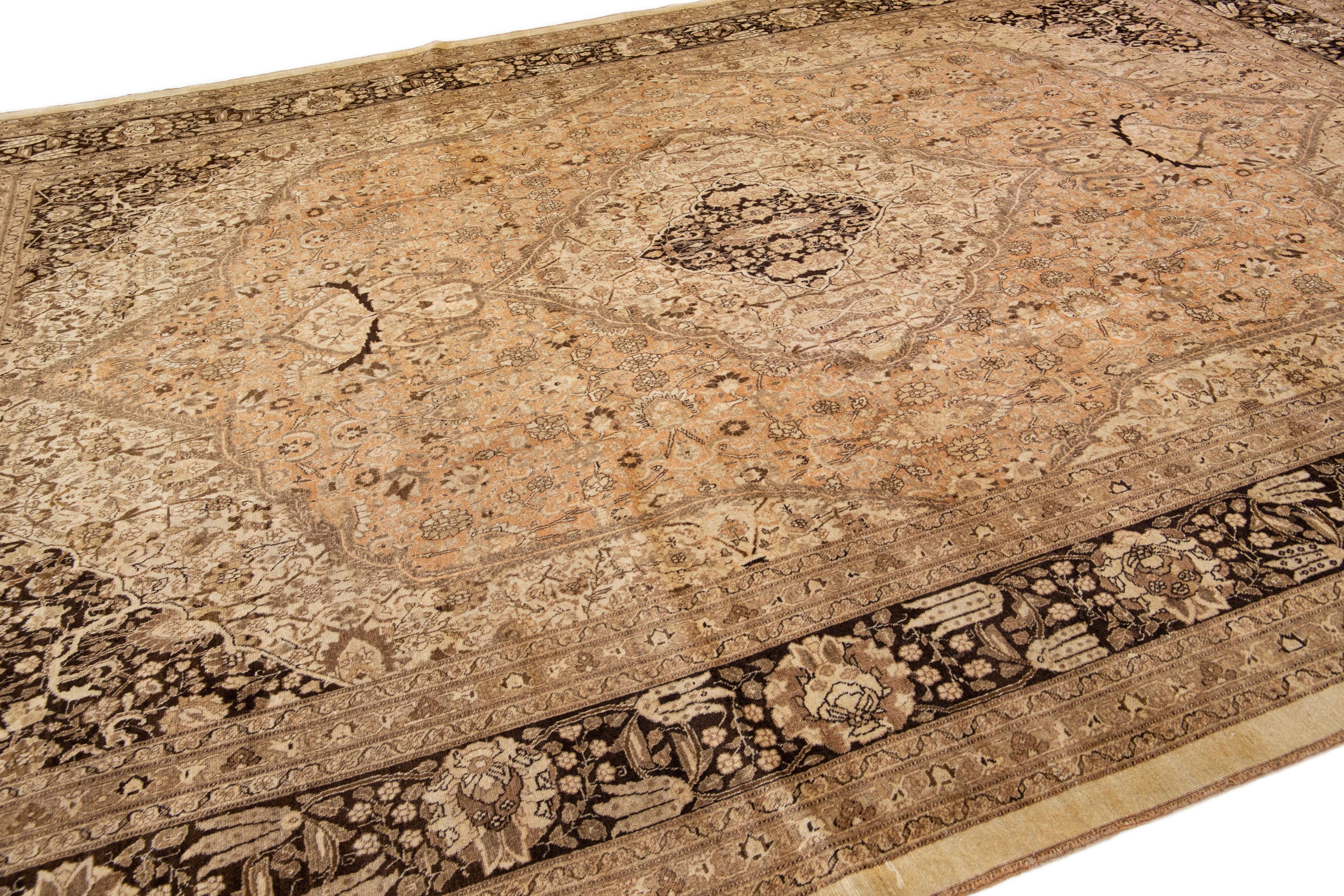 Antique Tabriz Beige Handmade Oversize Persian Wool Rug with Shah Abbasi Motif For Sale 1
