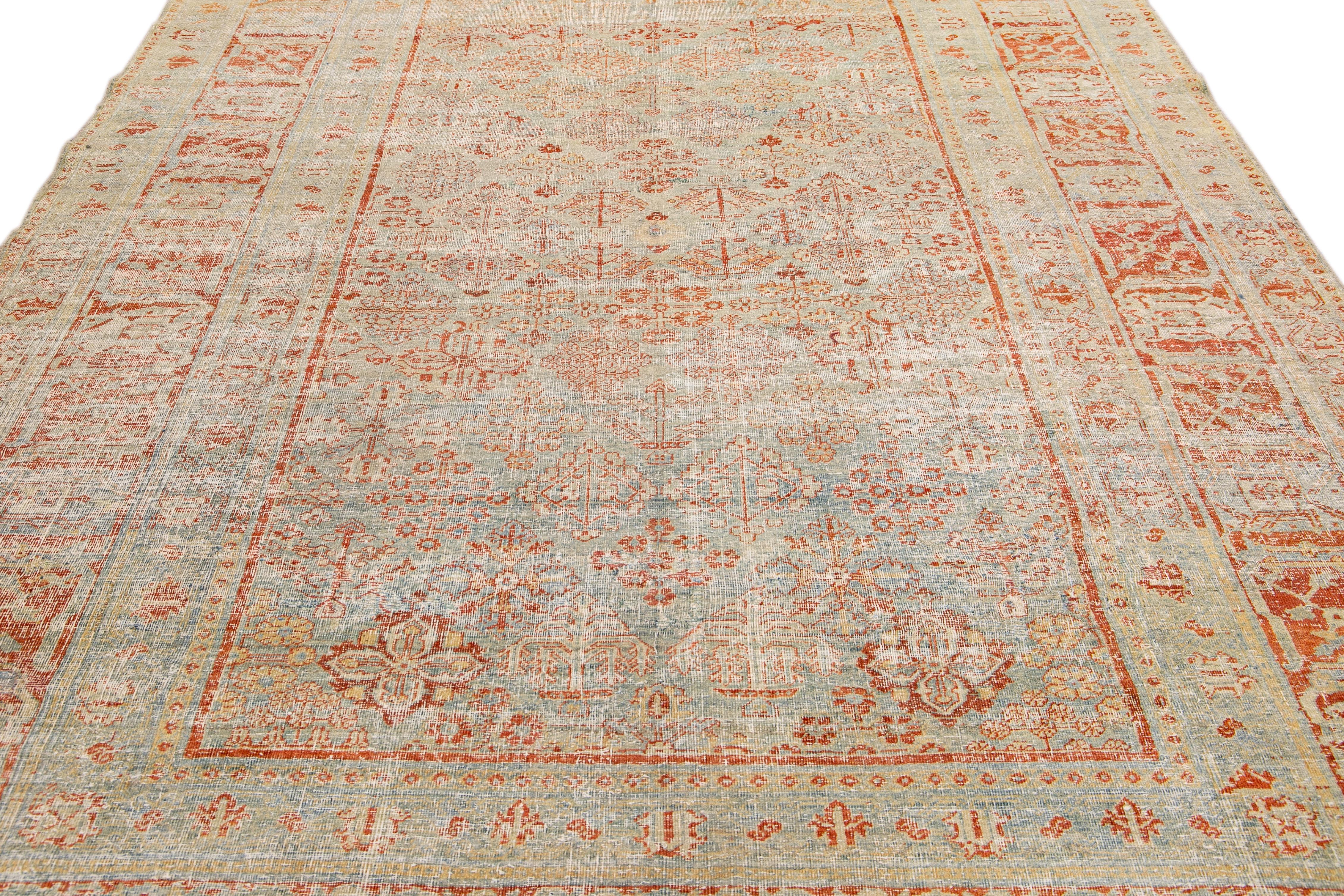 Perse Ancien tapis de Tabriz en laine persane bleu et rouille à motif entièrement recouvert, fait à la main en vente