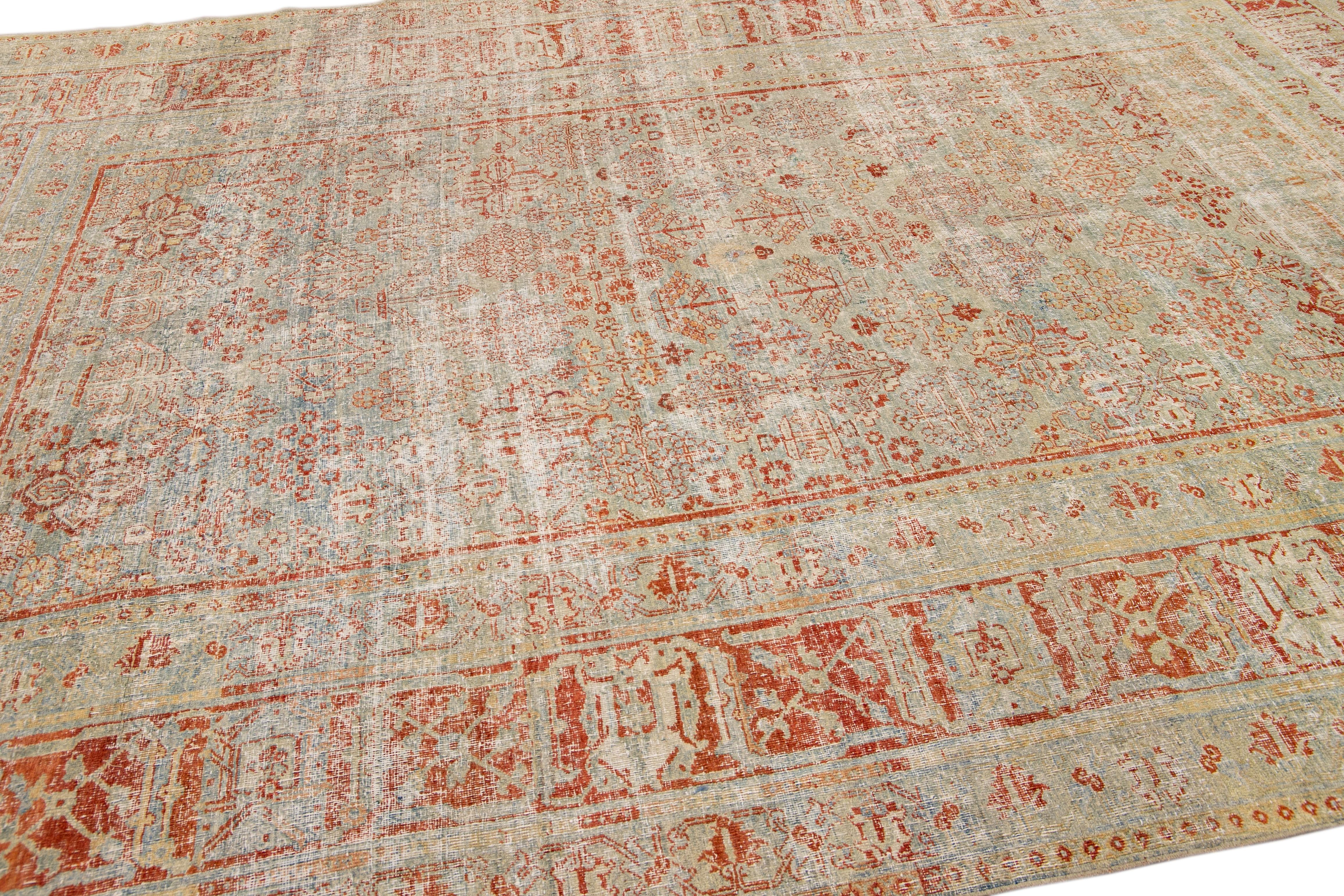 Début du 20ème siècle Ancien tapis de Tabriz en laine persane bleu et rouille à motif entièrement recouvert, fait à la main en vente